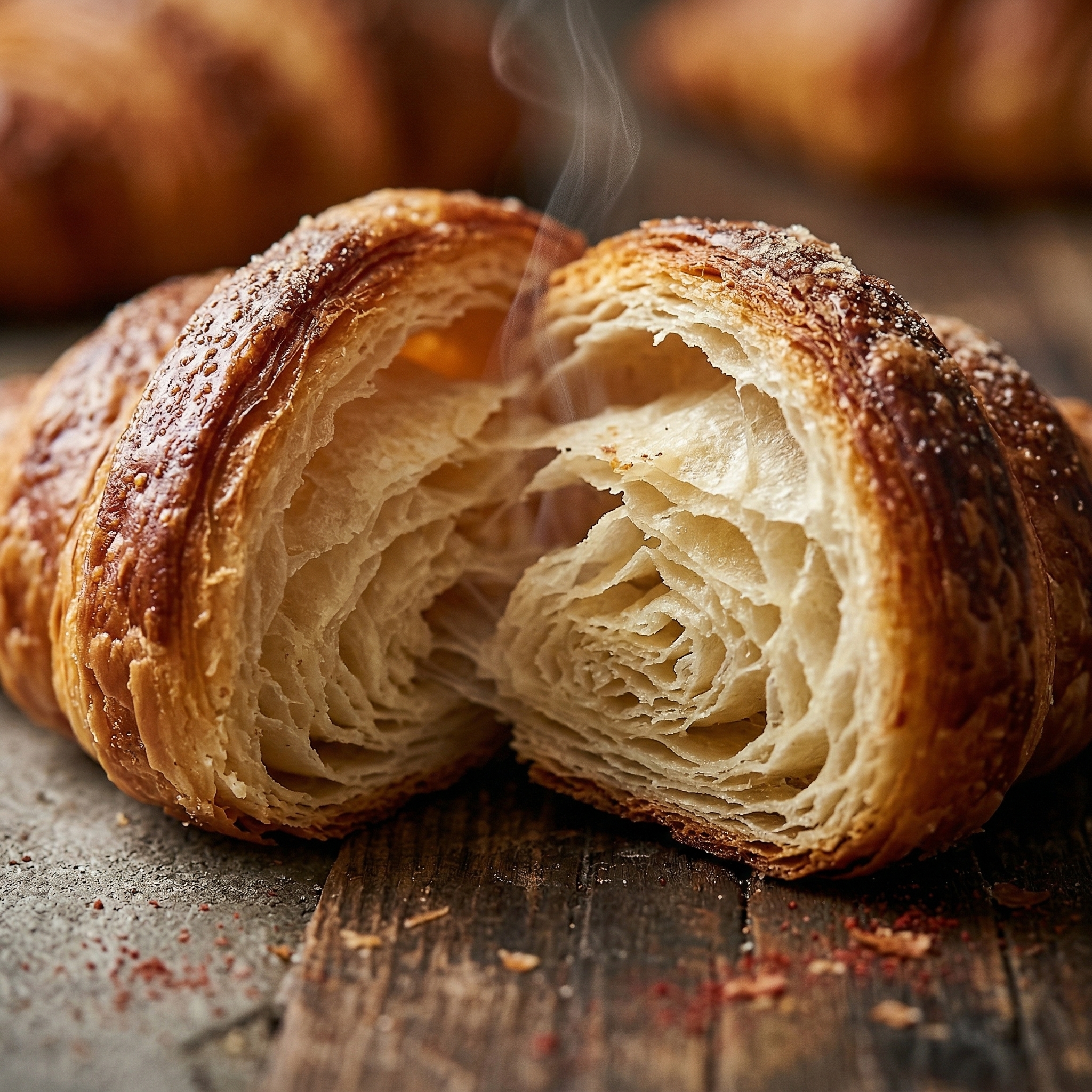 Textura de croissant recién horneado — capas doradas y crujientes