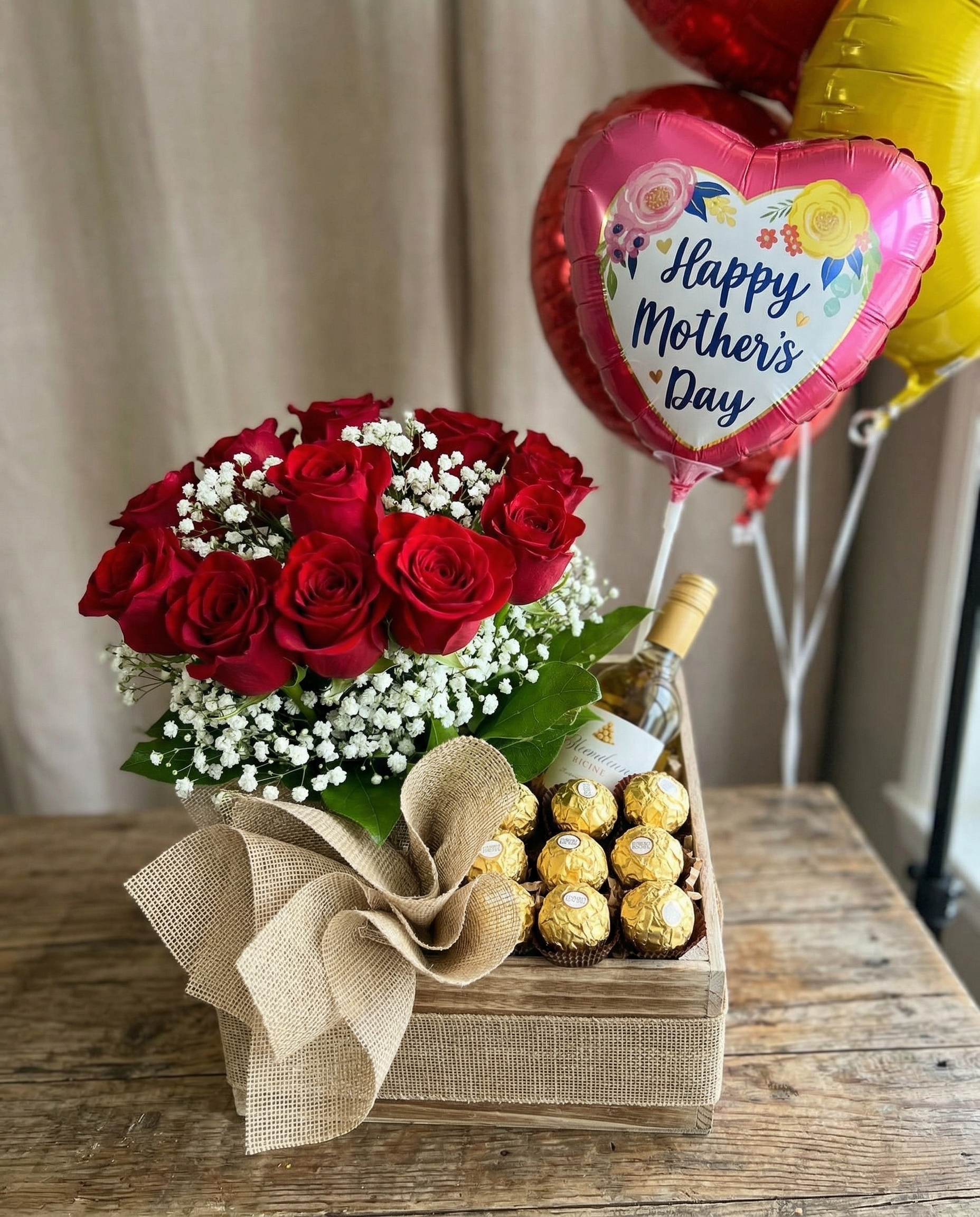 Cesta de regalo con flores, chocolates y vino