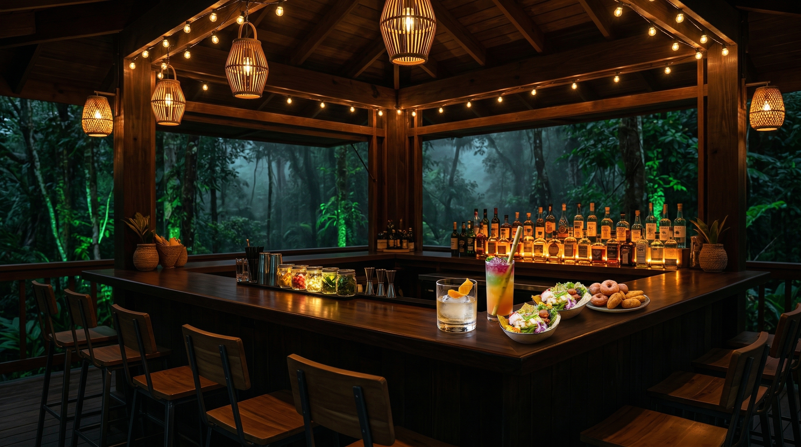 Interior del bar Bungalu con iluminación cálida y ambiente tropical