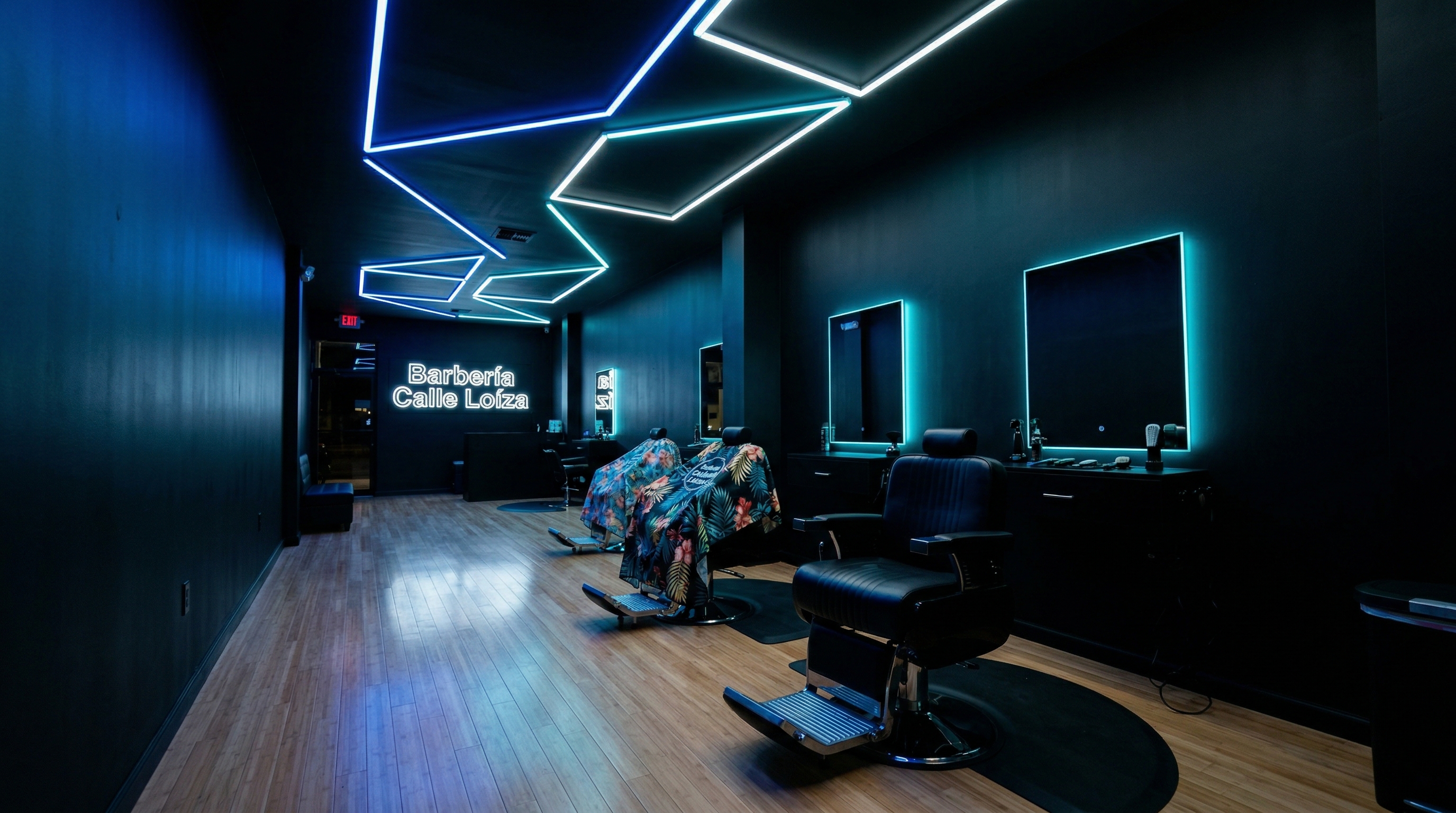 Interior de Barbería Calle Loíza — luces LED geométricas, ambiente nocturno urbano
