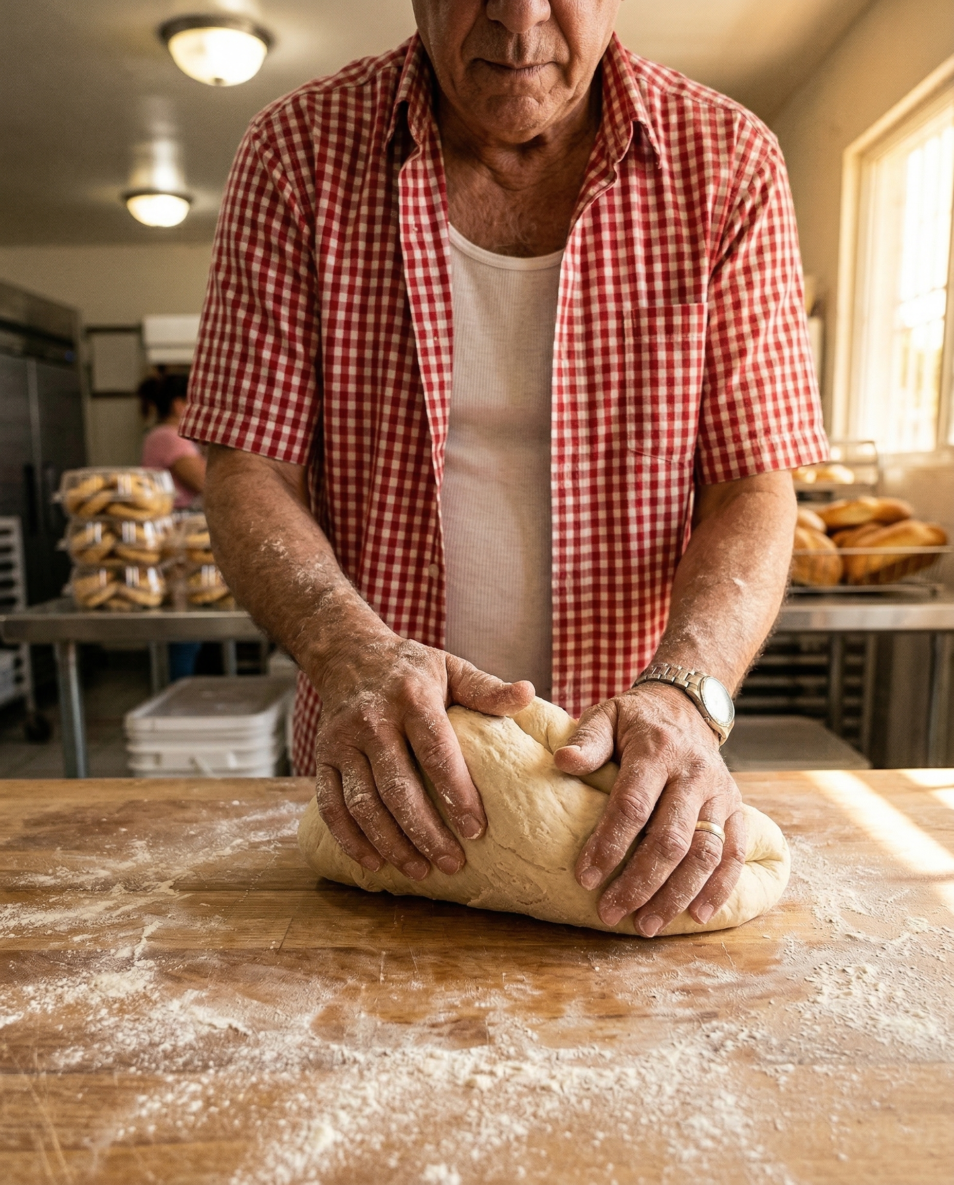 Manos del panadero preparando el pan