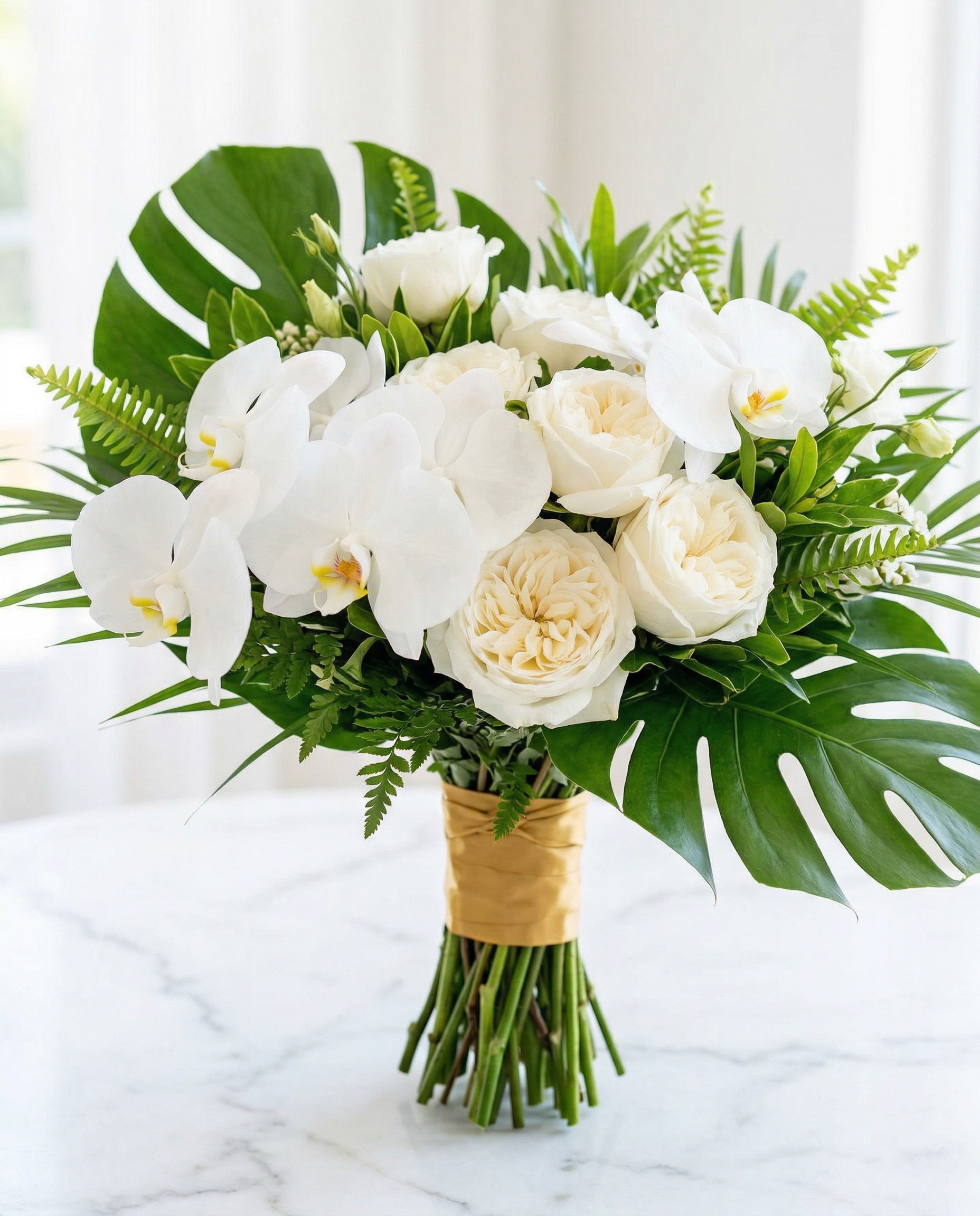 Ramo nupcial con orquídeas blancas y cinta dorada