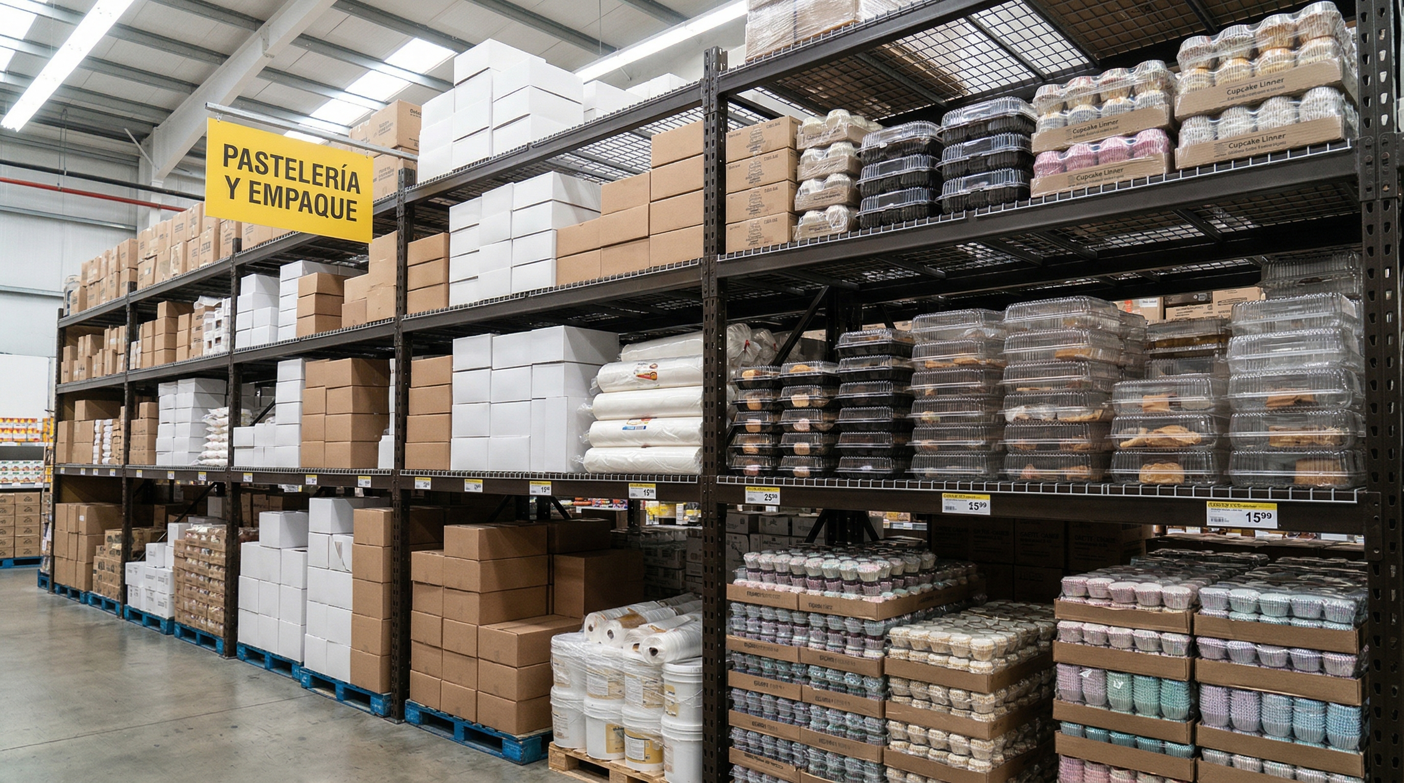 Estantes repletos de productos en el almacén de Bakery CASH & CARRY Supply