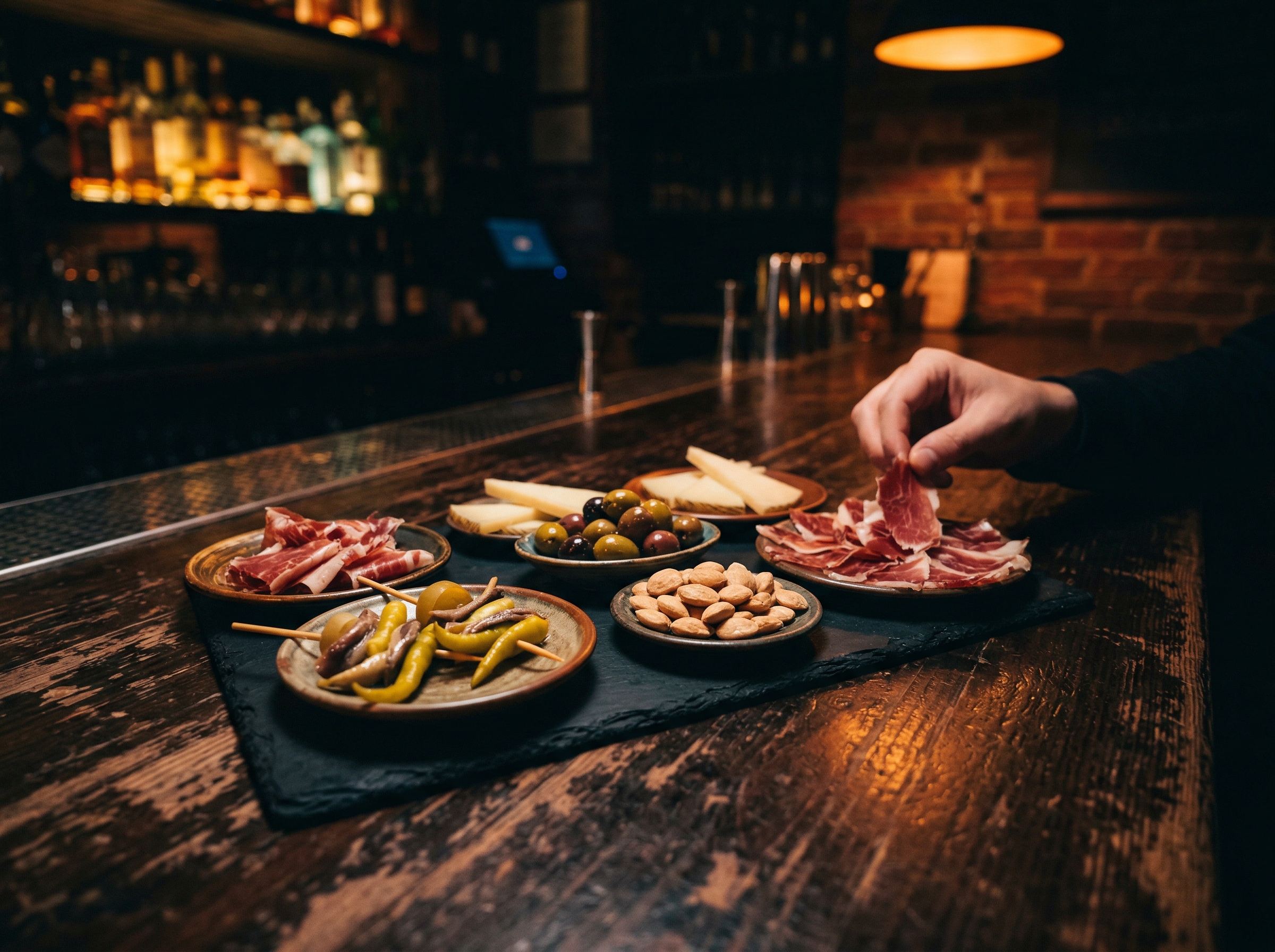 Tapas and small plates — artisan food photography, dark moody background