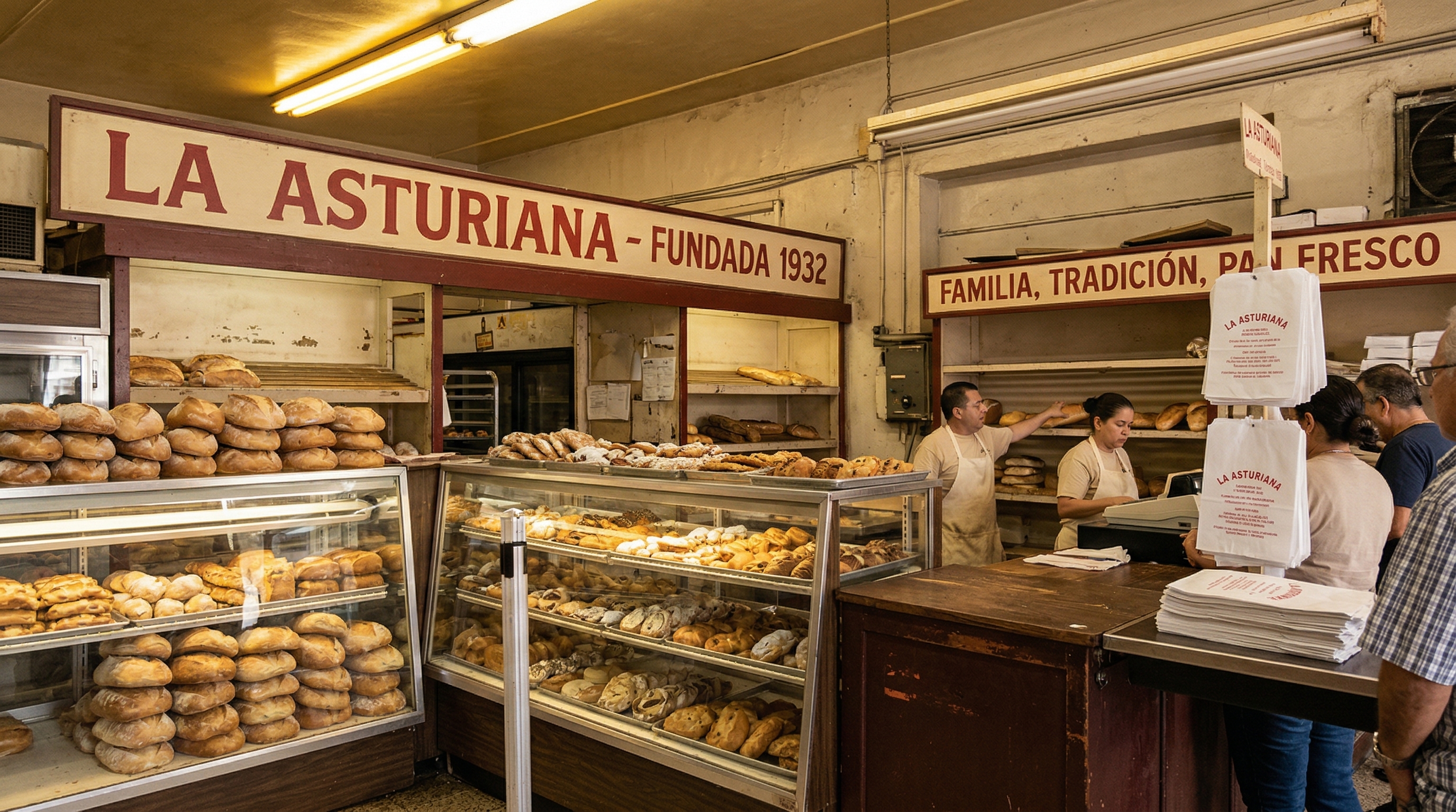 Interior de La Asturiana — el mostrador de panadería lleno de pan fresco