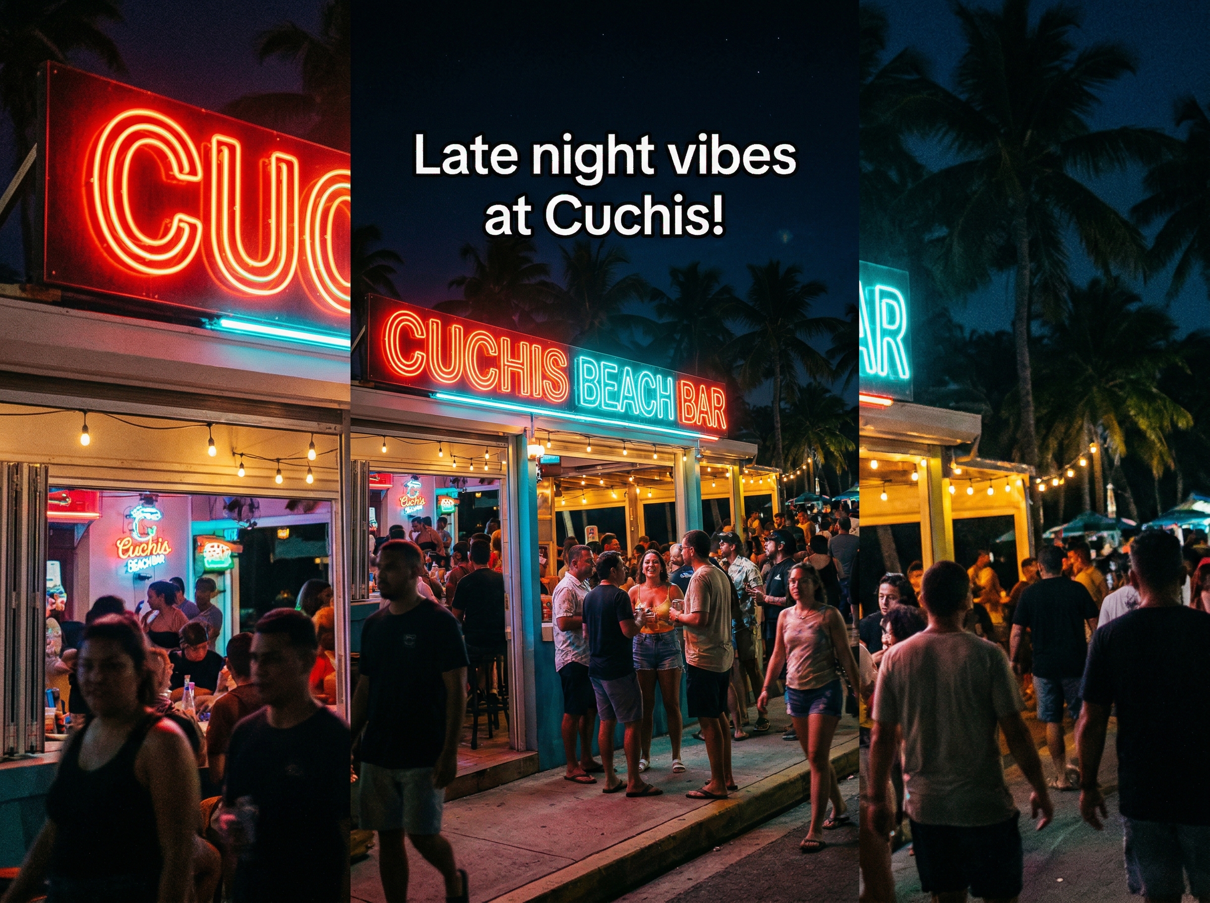 Exterior nocturno de Cuchis Beach Bar