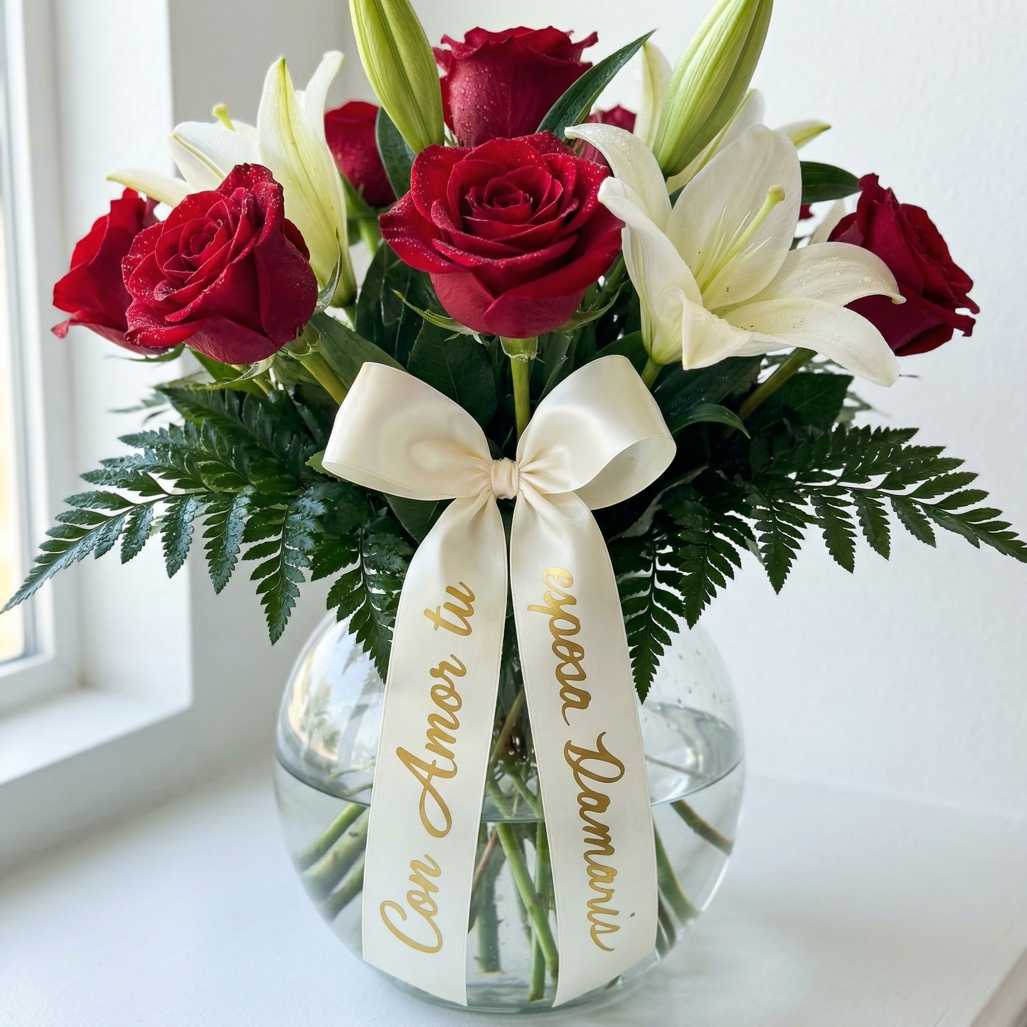 Rosas con Lazo Dorado personalizado