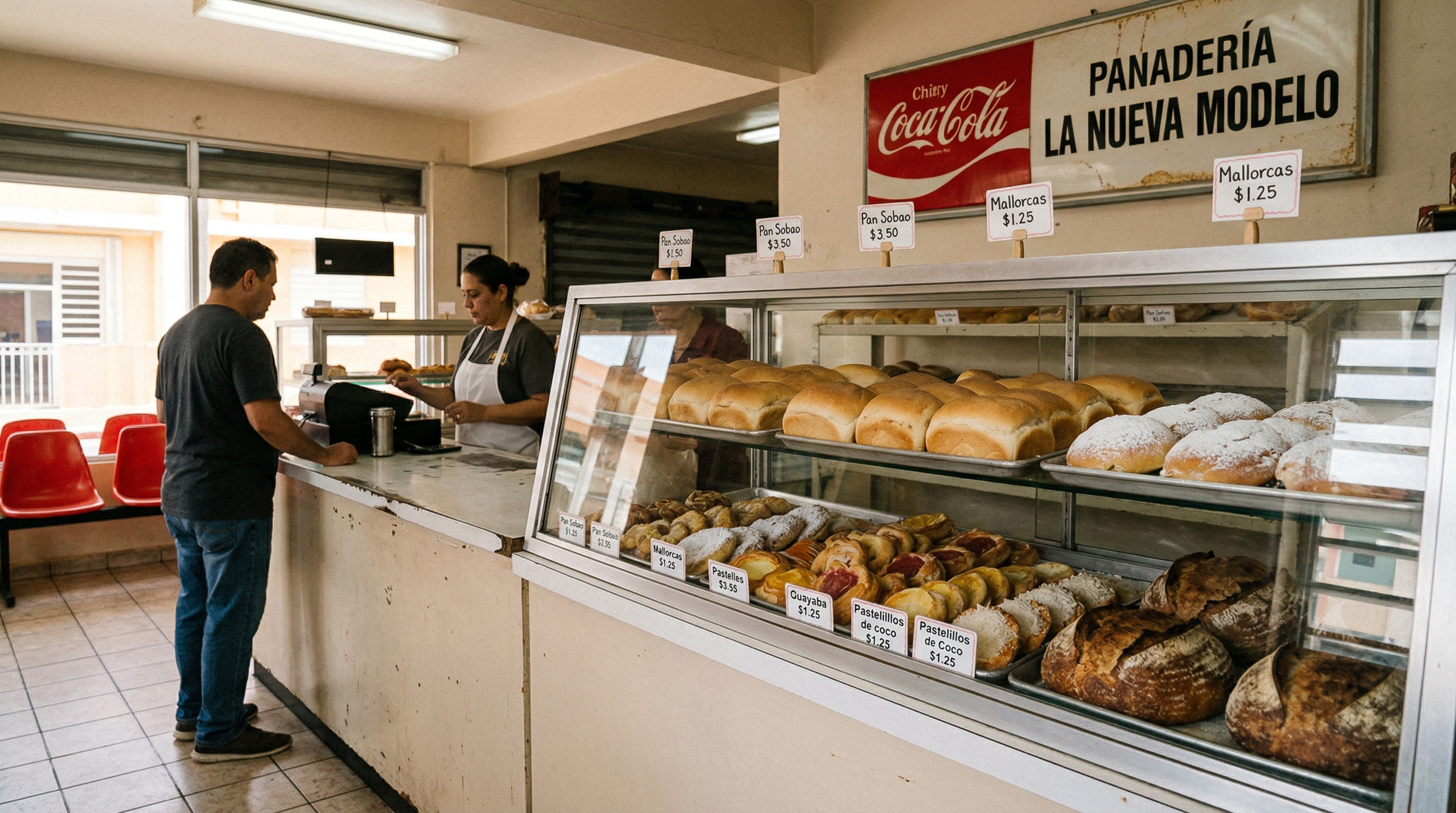 Vitrina interior de la panadería con variedad de panes artesanales