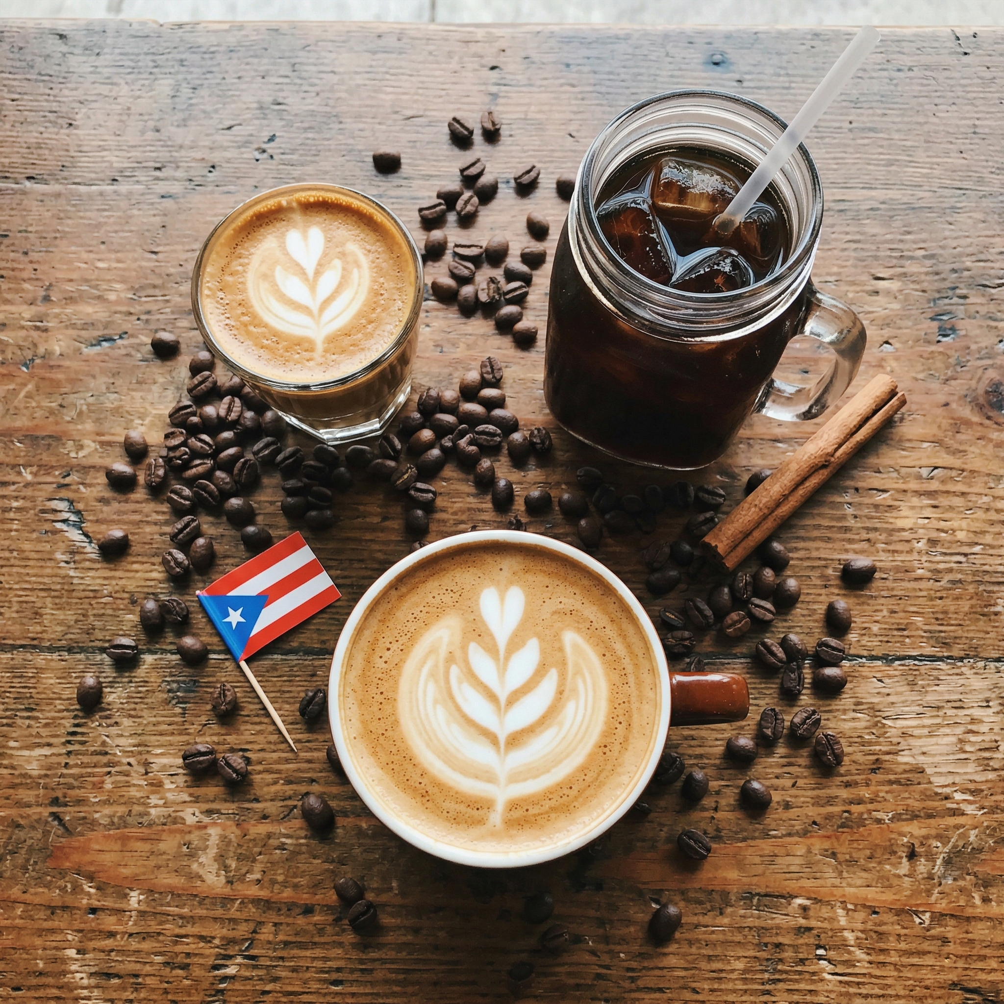 Selección de cafés en K-feína — espresso, latte y cold brew