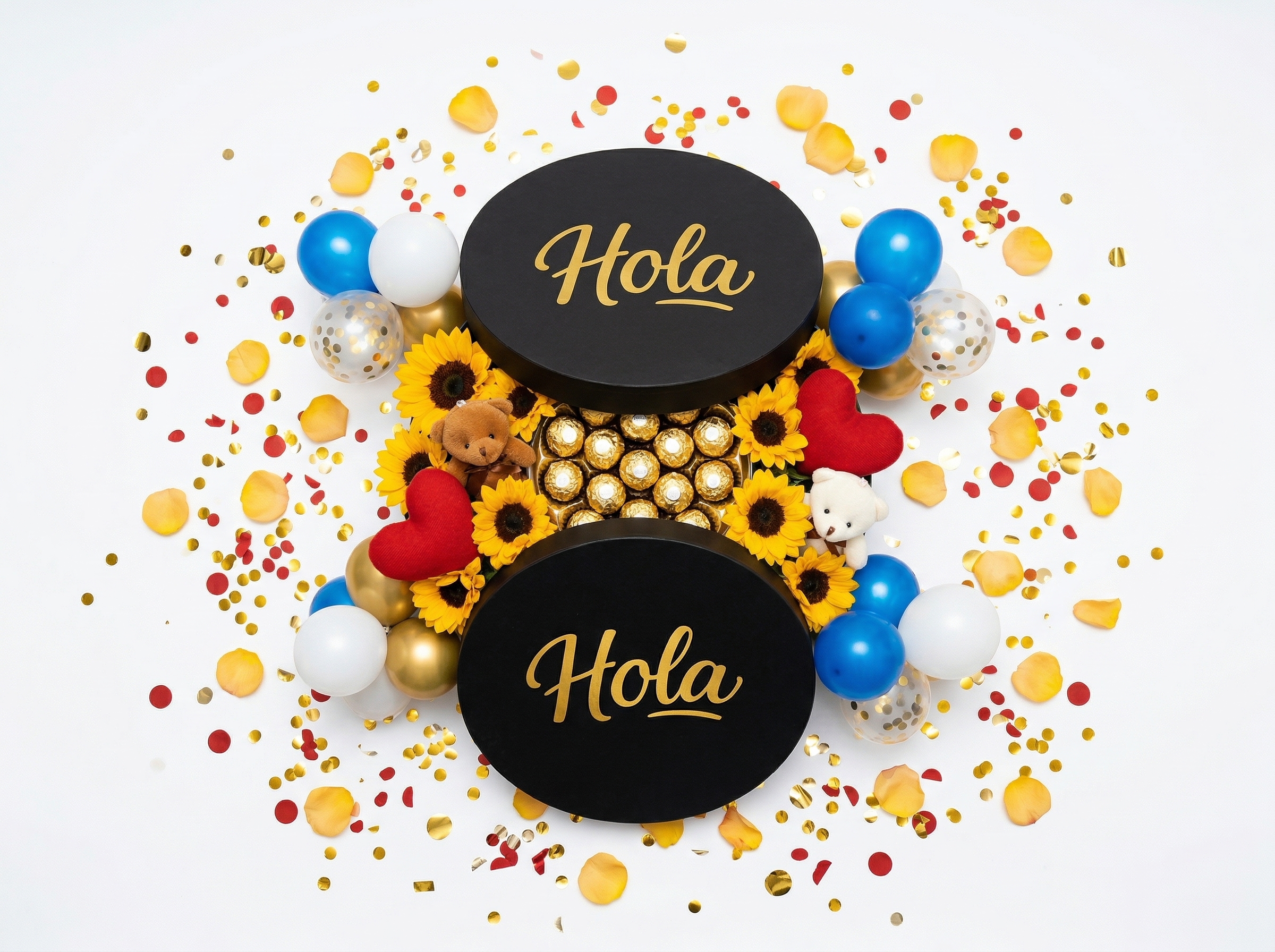 Caja de regalo con chocolates Ferrero, flores y detalles de Mundo Hola