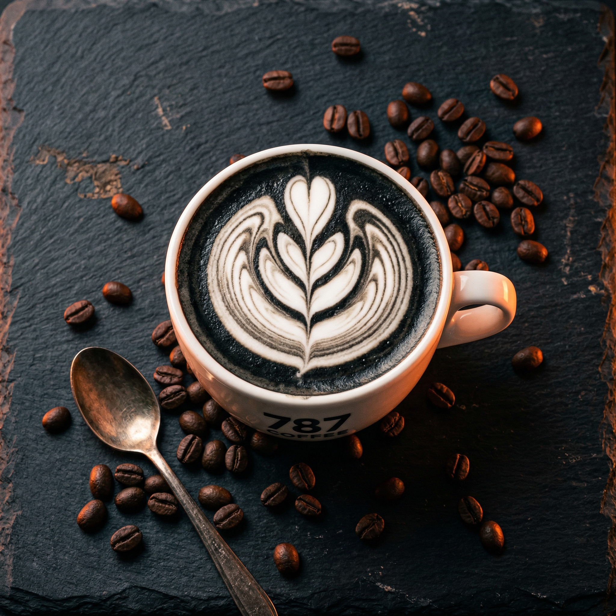 Arte latte de 787 Coffee visto desde arriba