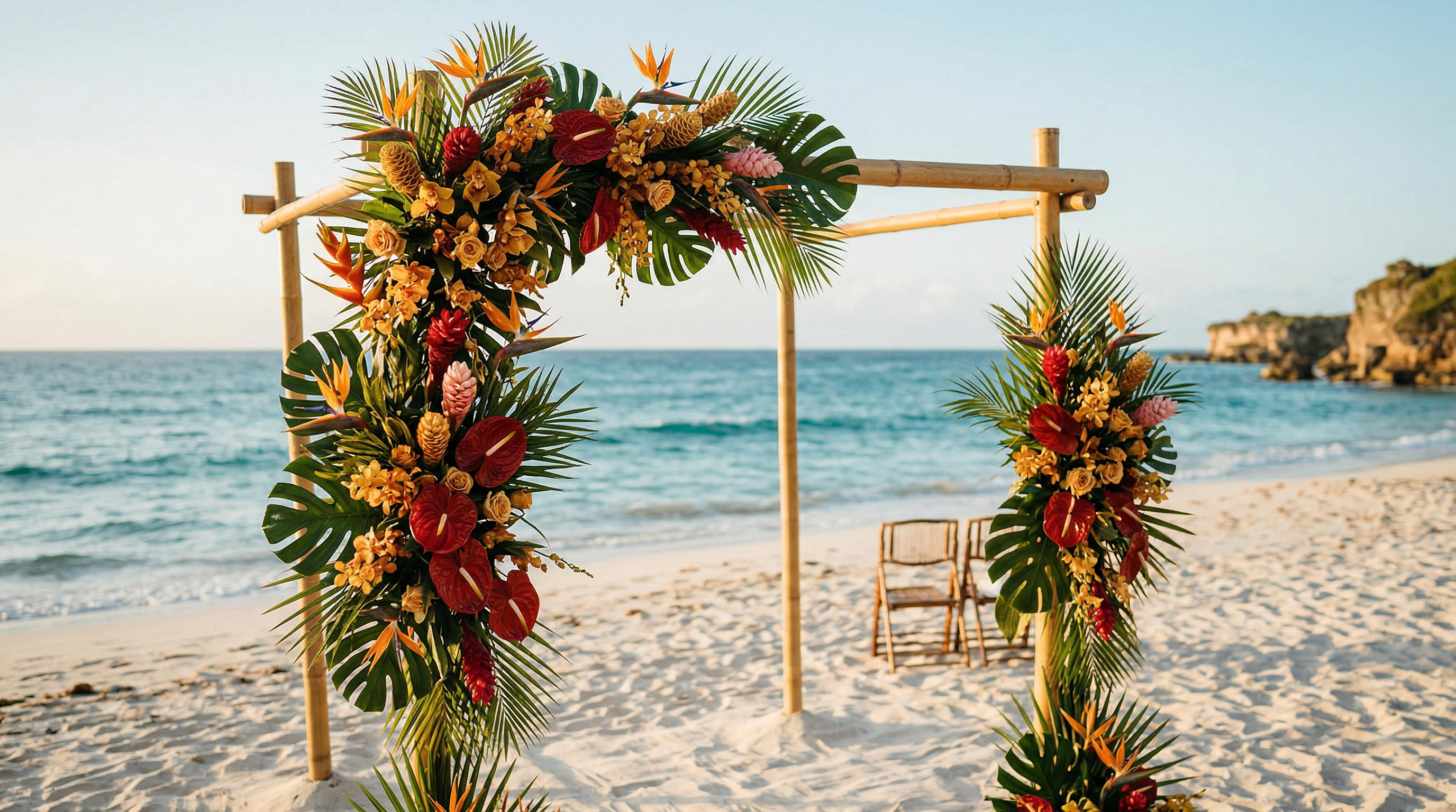 Arco de bambú en boda tropical en Puerto Rico