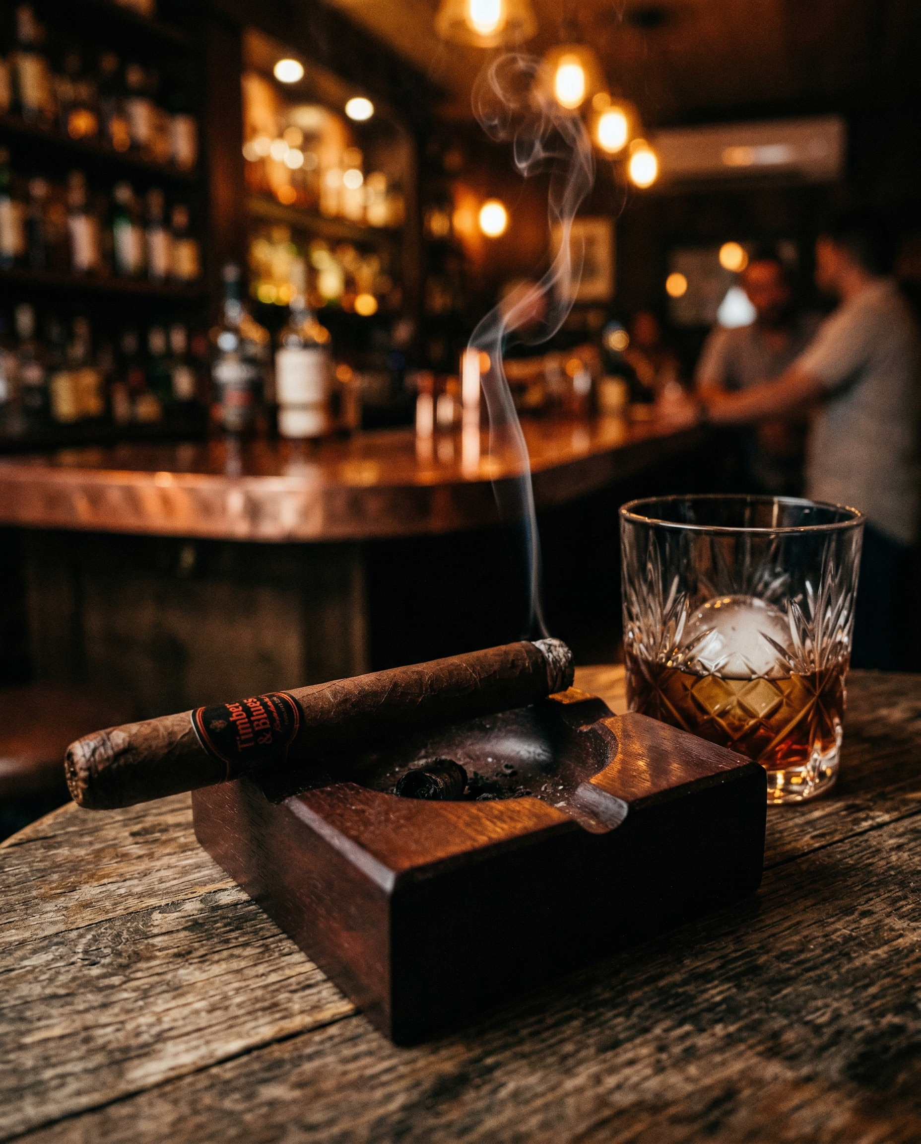 Premium cigar resting — warm amber tobacco tones, deep shadow