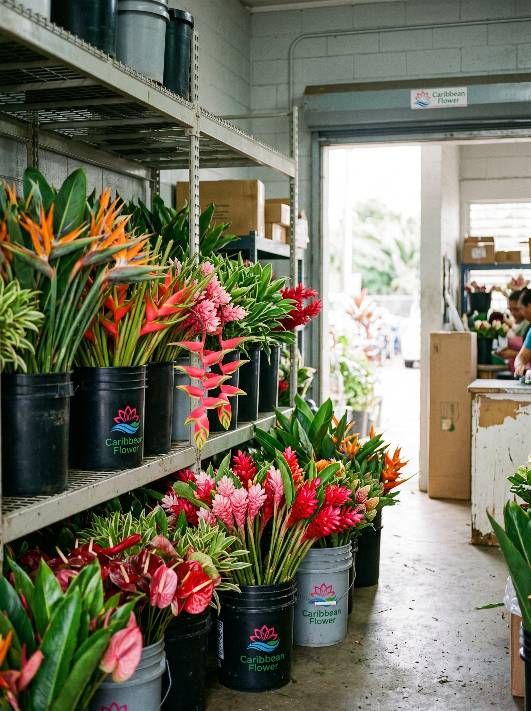 Interior de la floristería Caribbean Flower — llena de arreglos y color