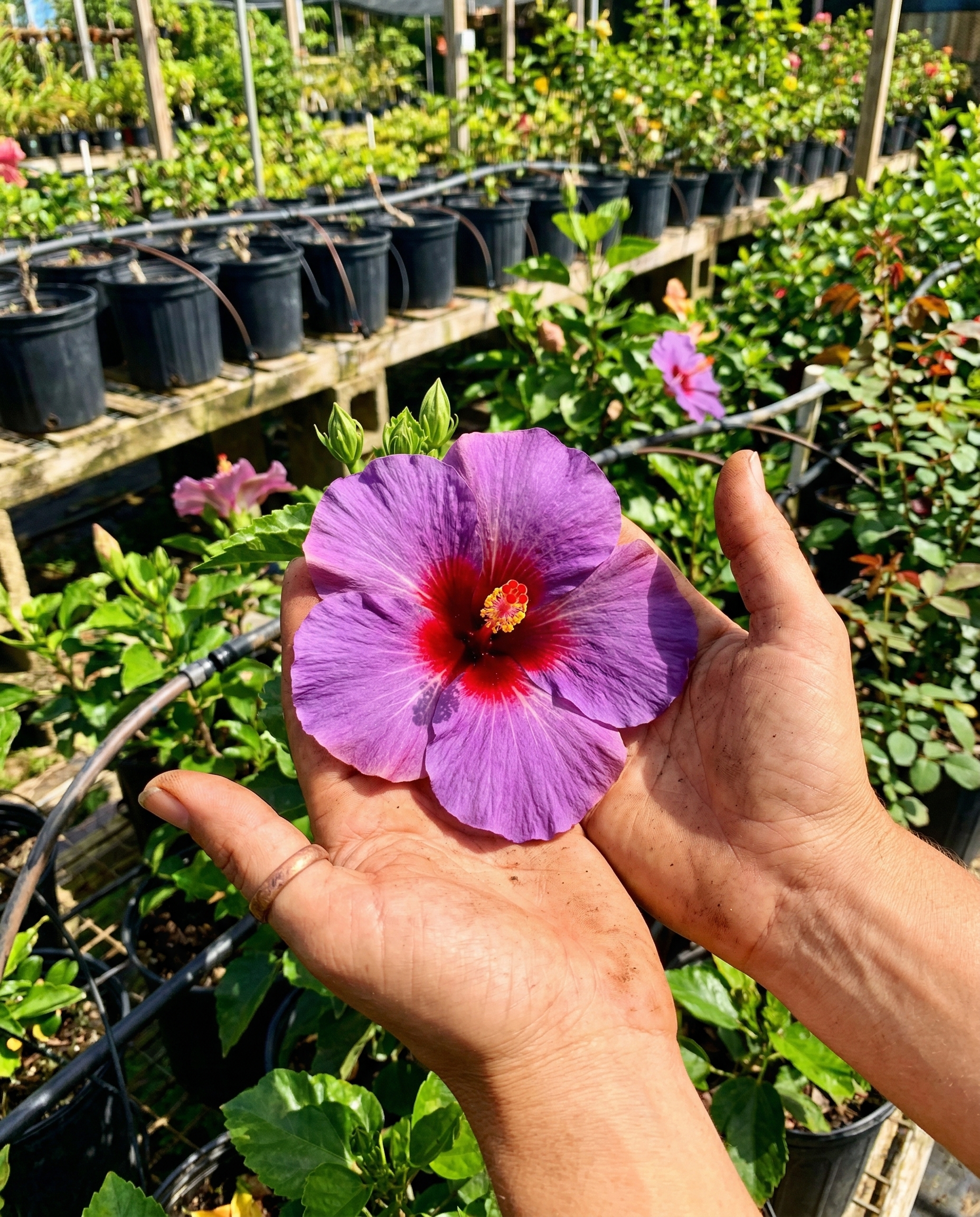 Manos sosteniendo hibisco — Demirboga Gardens