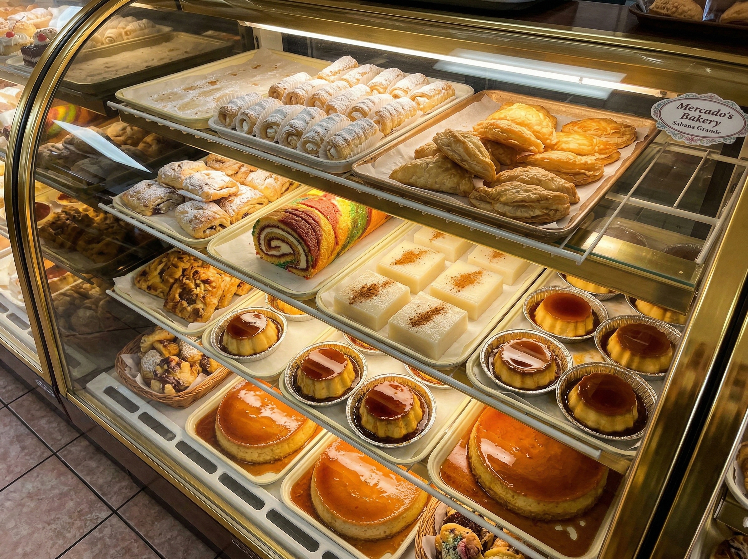 Vitrina de pasteles y panes artesanales en Mercado's Bakery