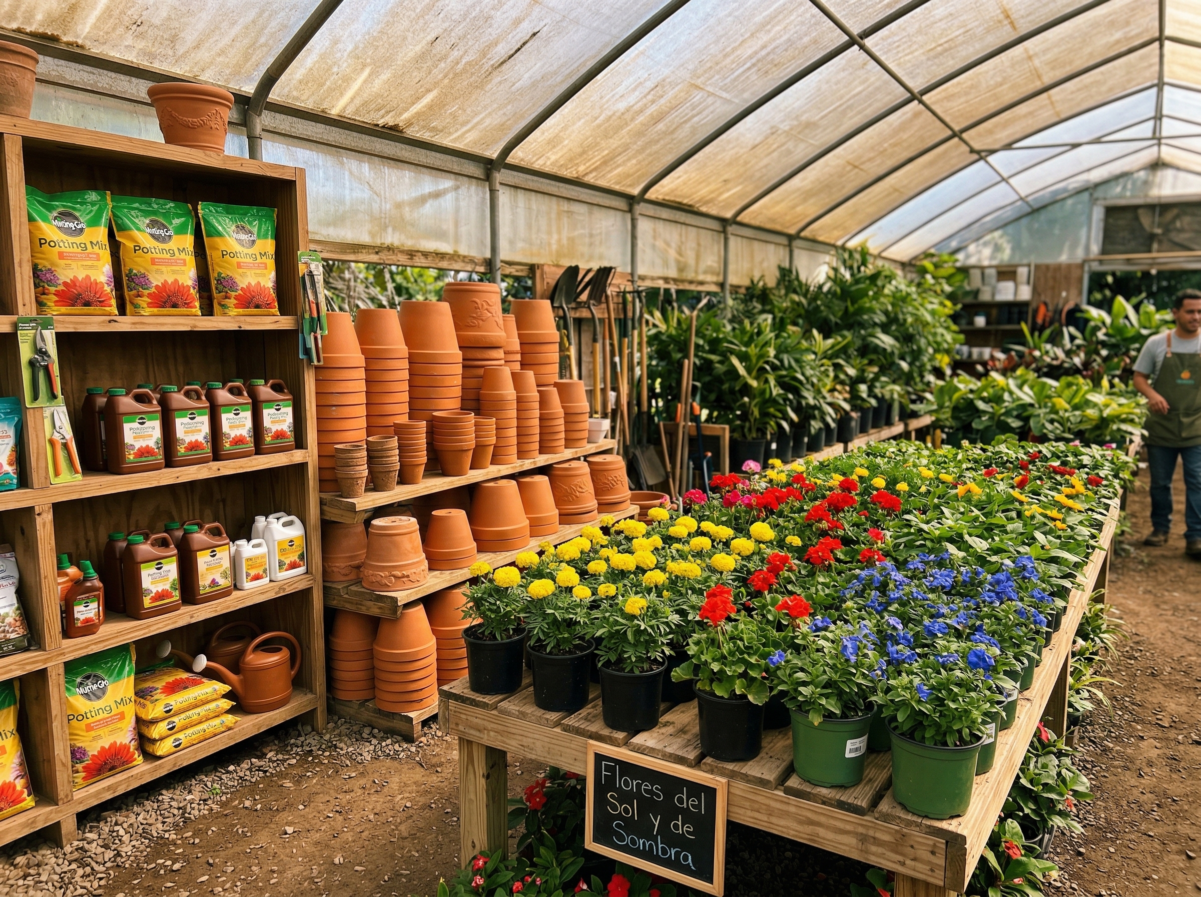 Área de insumos y displays del vivero