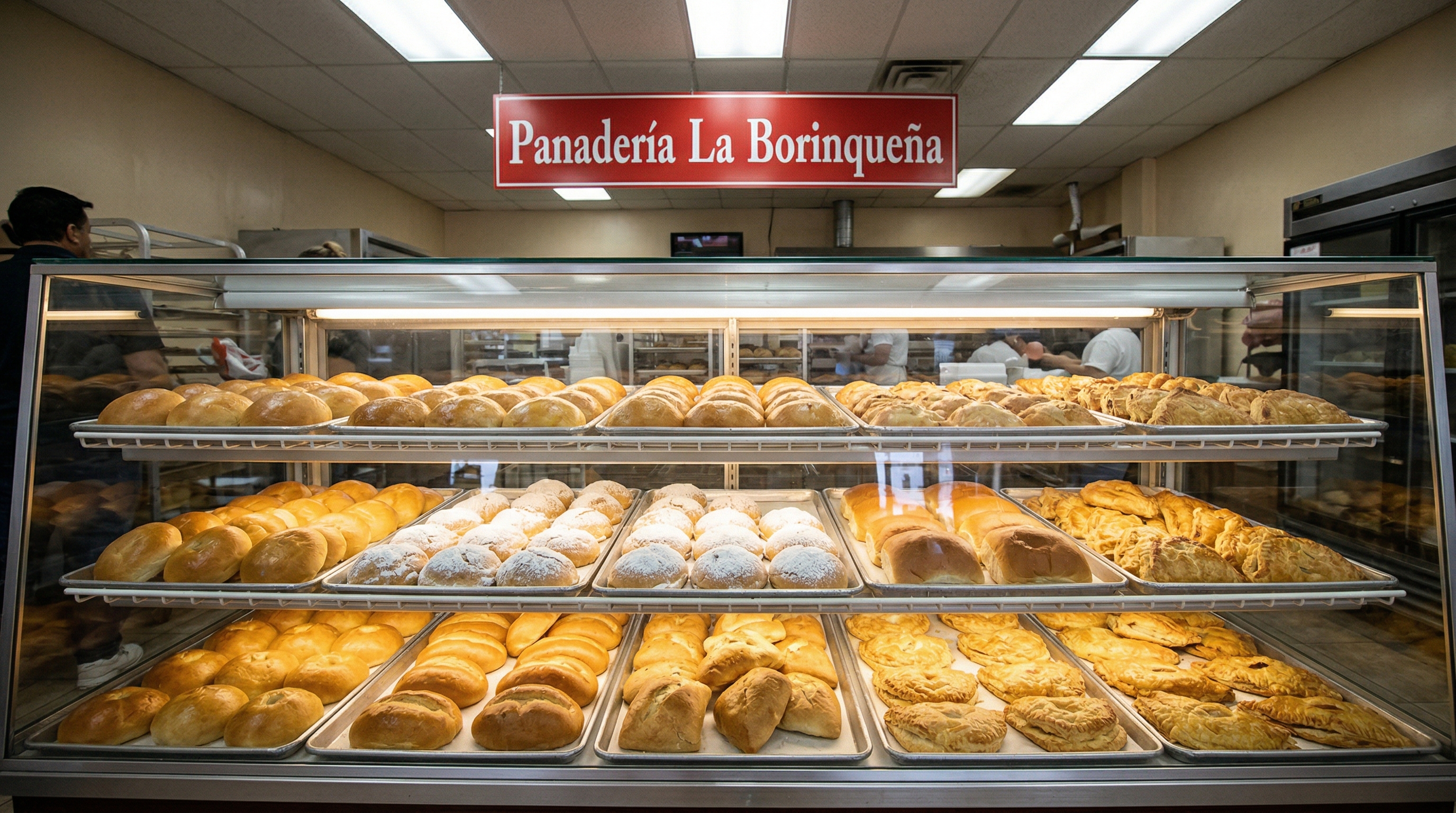Display de la panadería La Borinqueña con panes y pasteles frescos