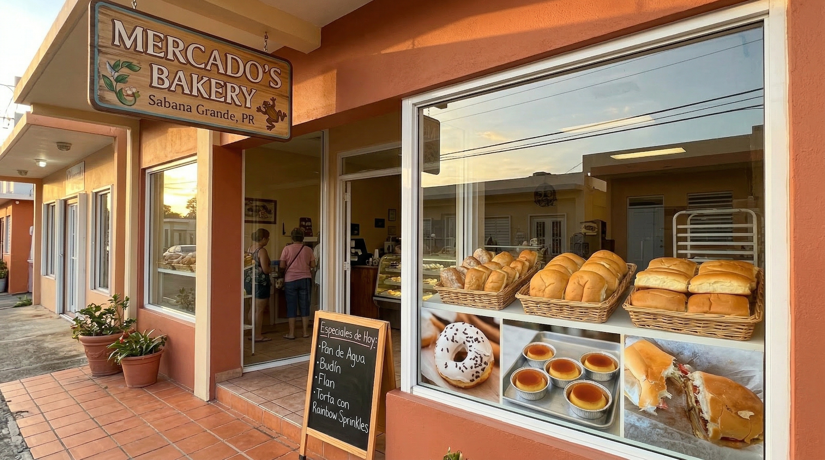 Fachada de Mercado's Bakery en Sabana Grande al atardecer