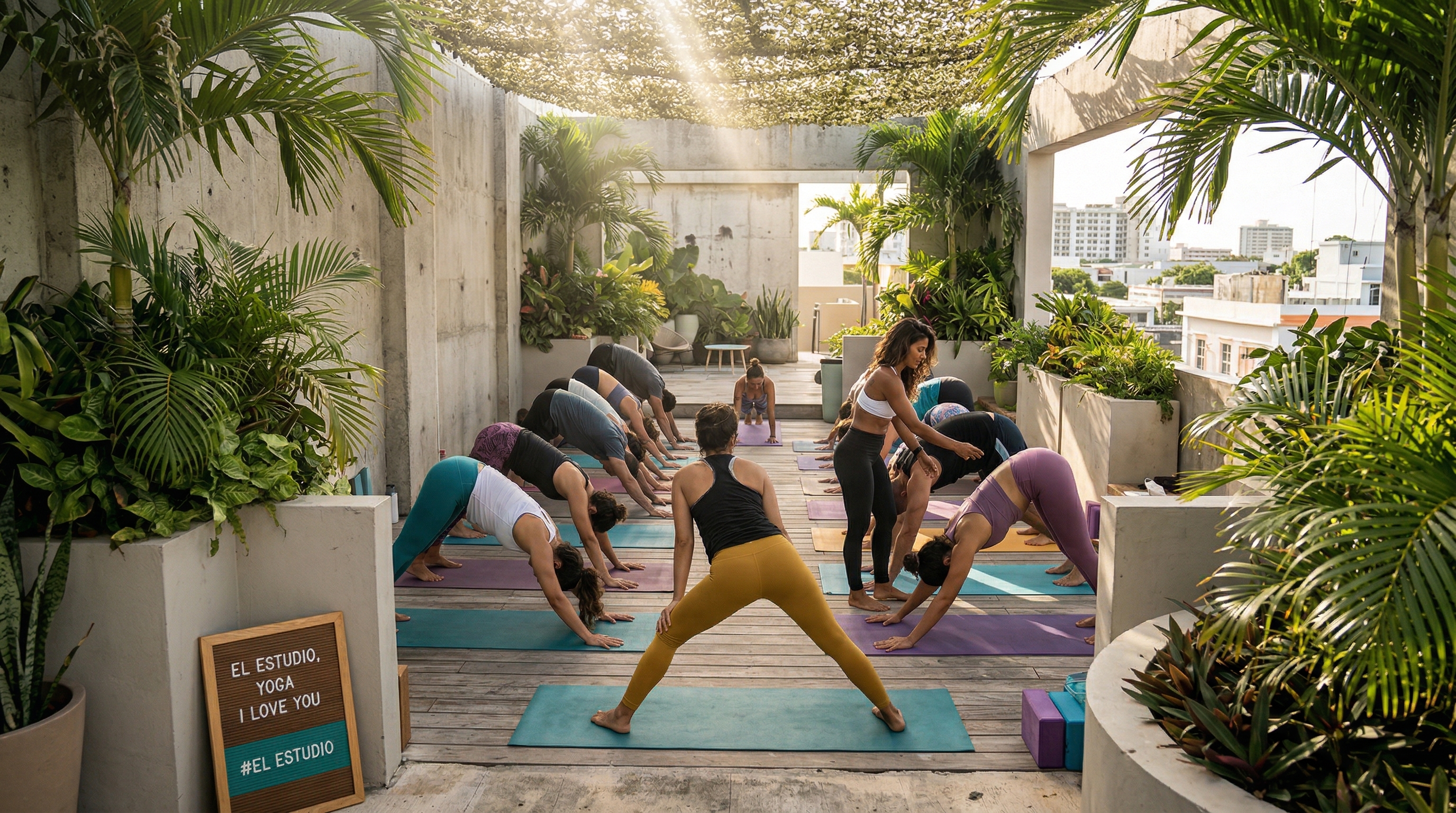 Clase comunitaria de yoga al aire libre en Santurce