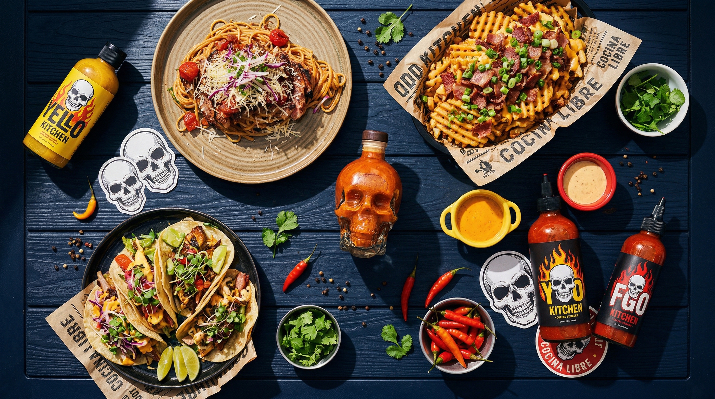 Vista de los platos de ODD Kitchen desde arriba — fusión puertorriqueña