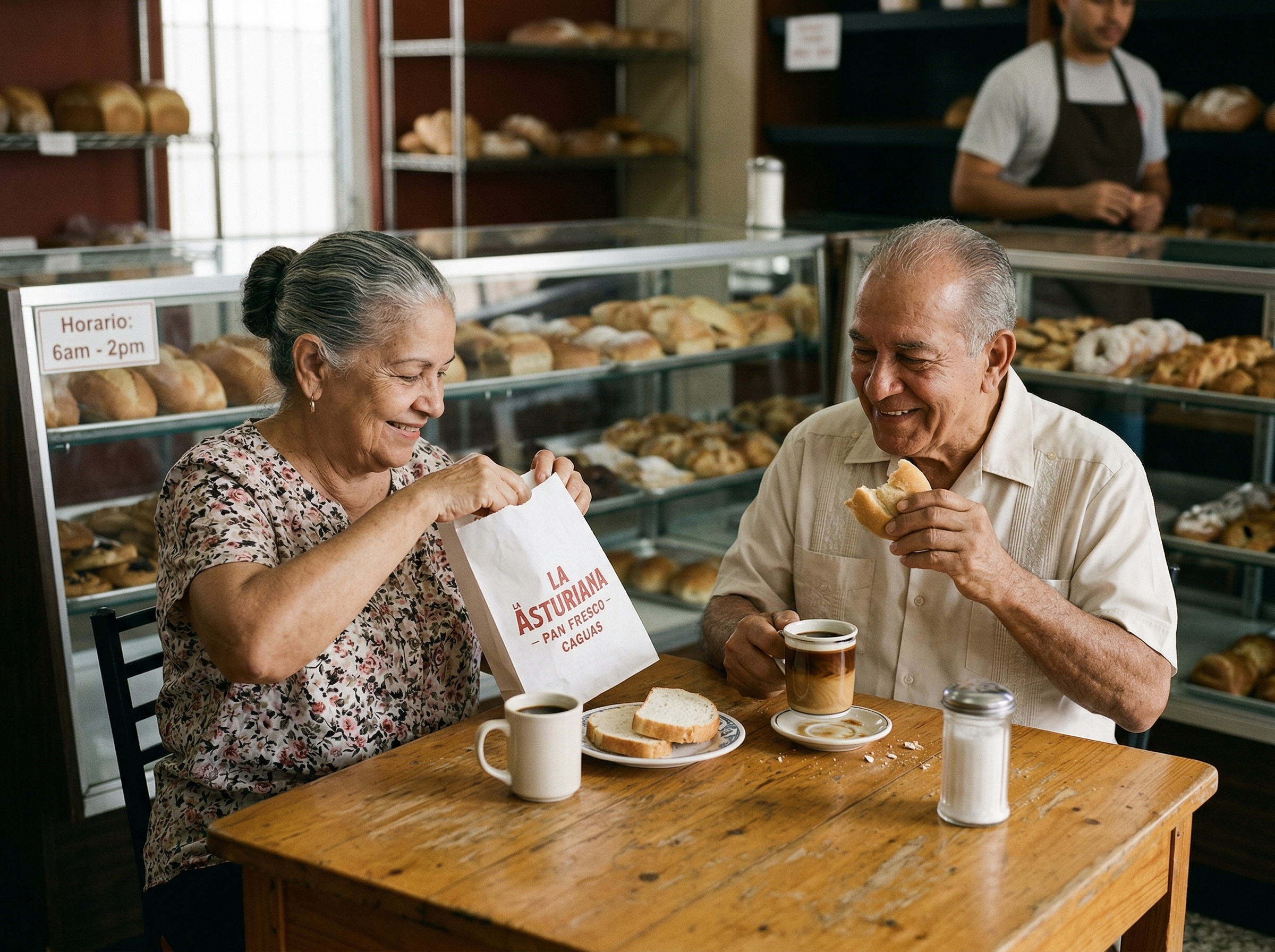 Clientes de La Asturiana — vecinos de Caguas compartiendo el pan del sábado