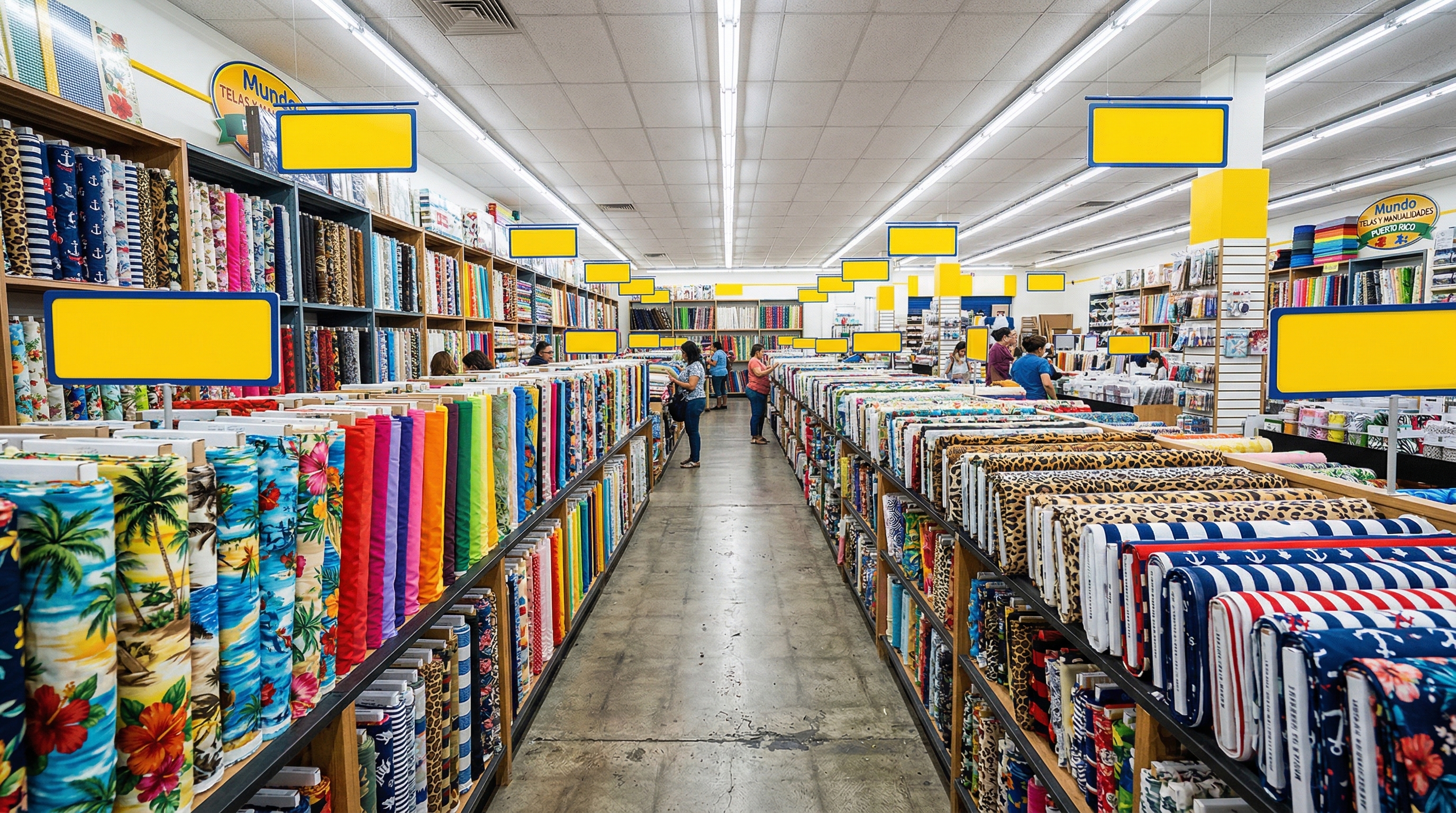 Interior de la tienda Mundo Telas y Manualidades Puerto Rico — pasillos llenos de telas coloridas