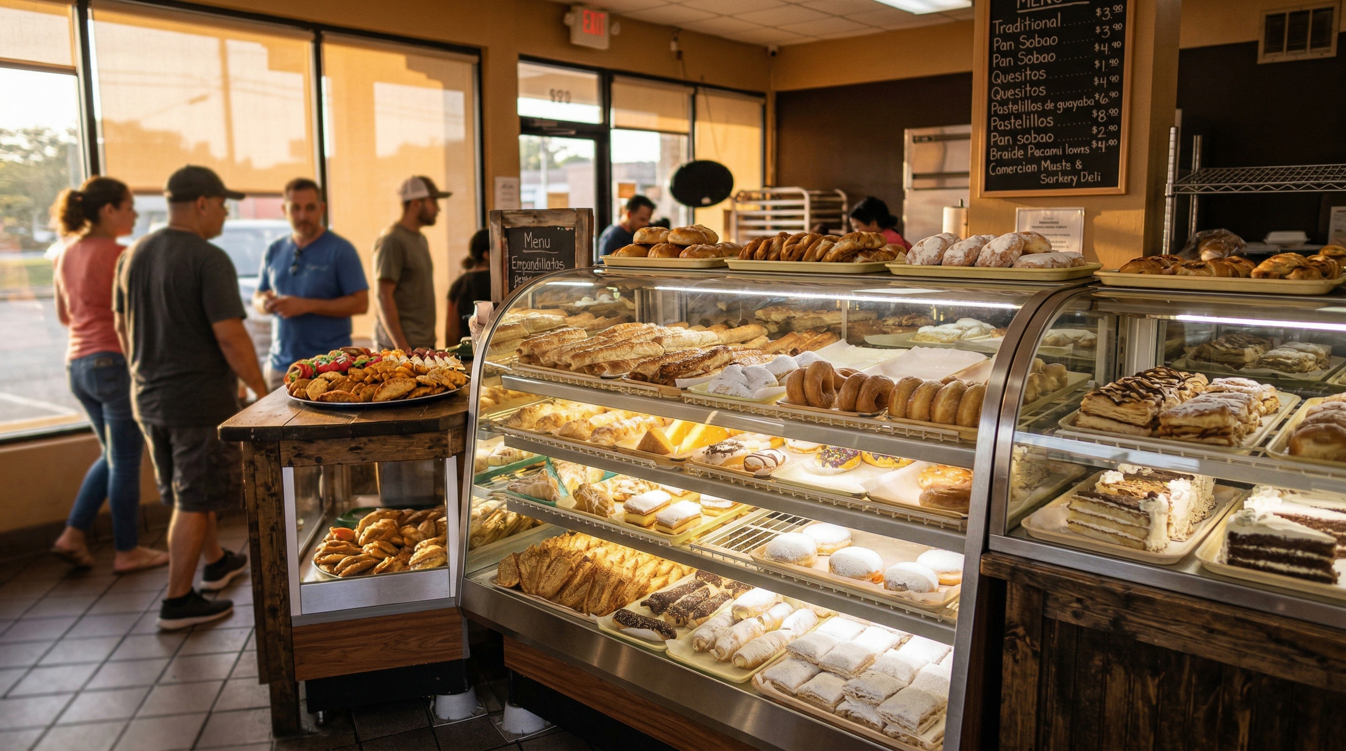 Interior de Panadería La Comercio en la mañana, con luz cálida sobre los panes recién horneados