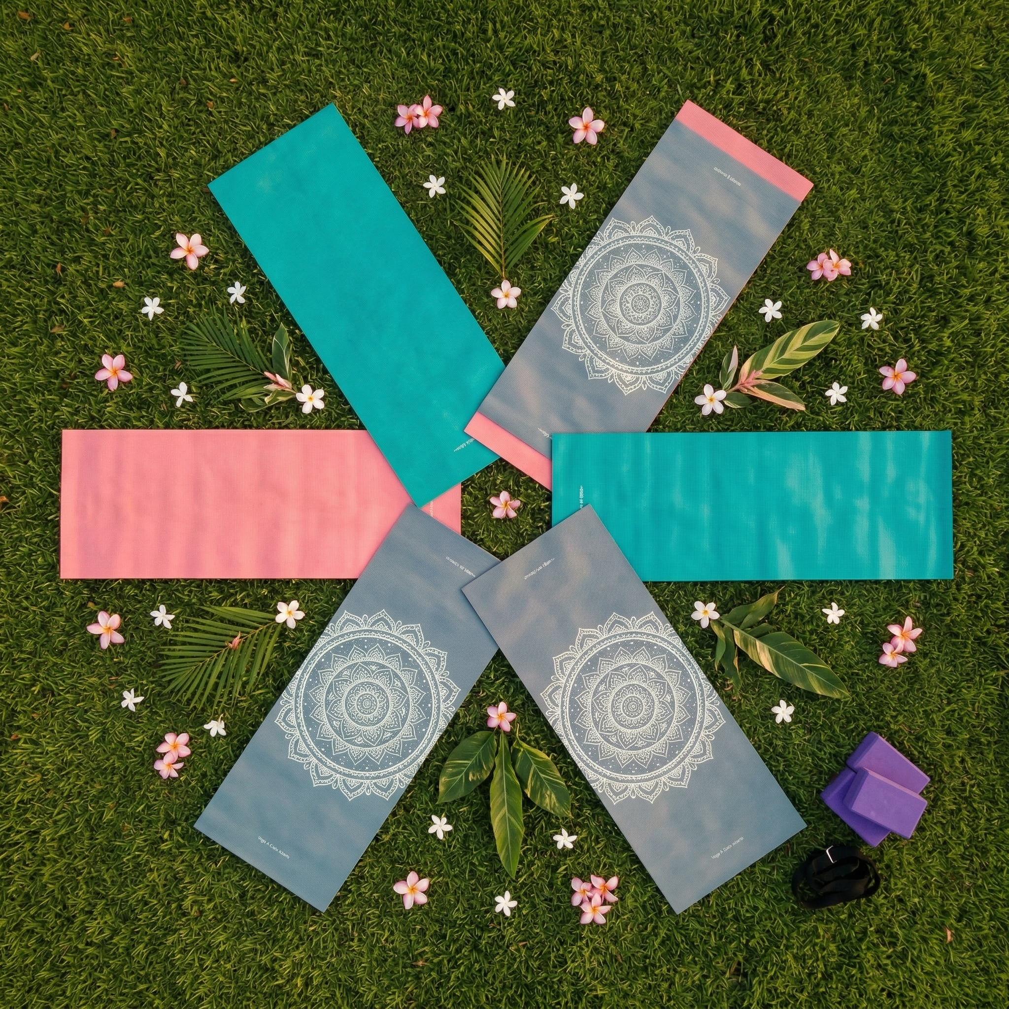 Vista aérea de mats de yoga en espacio abierto