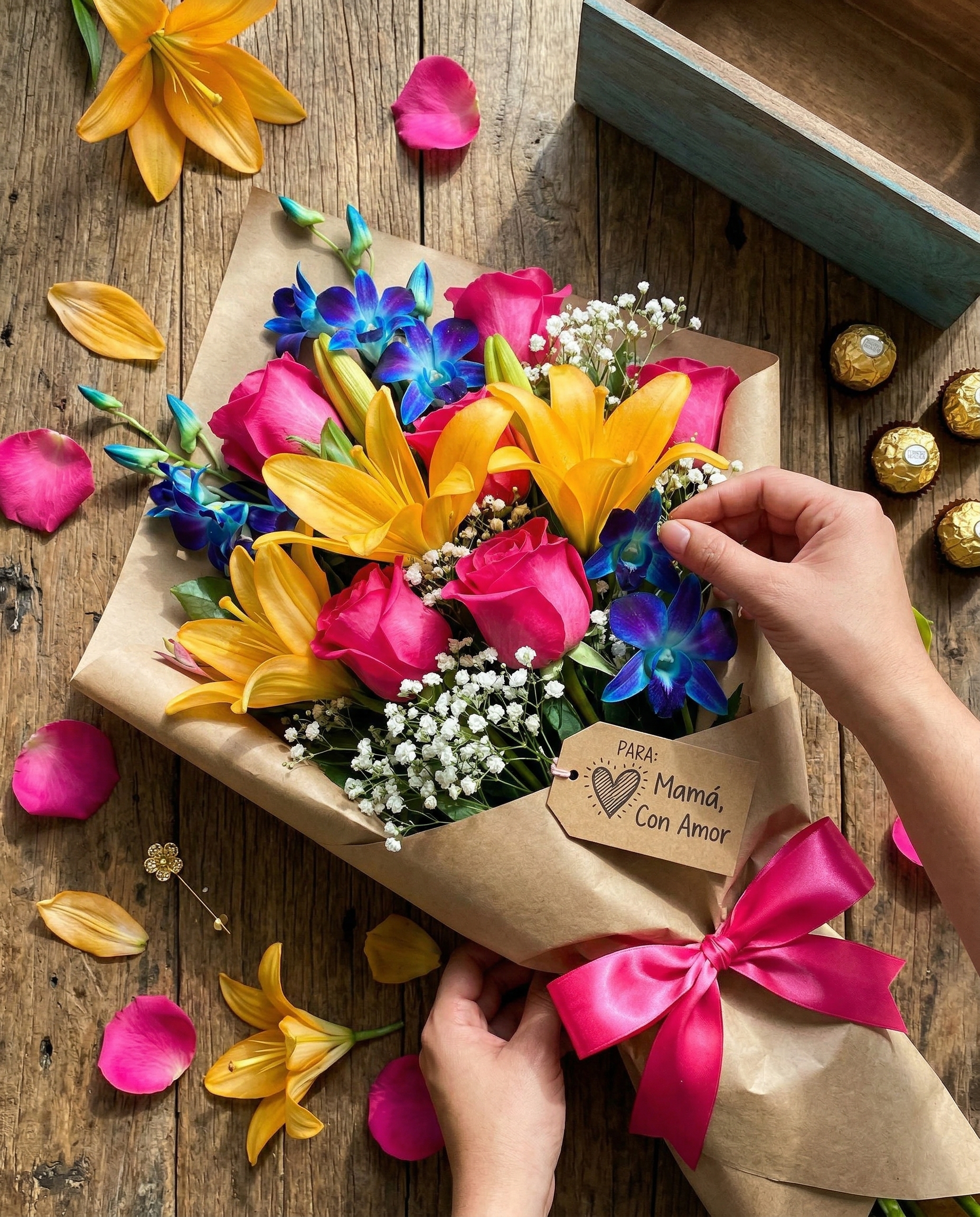 Preparando un arreglo floral con amor