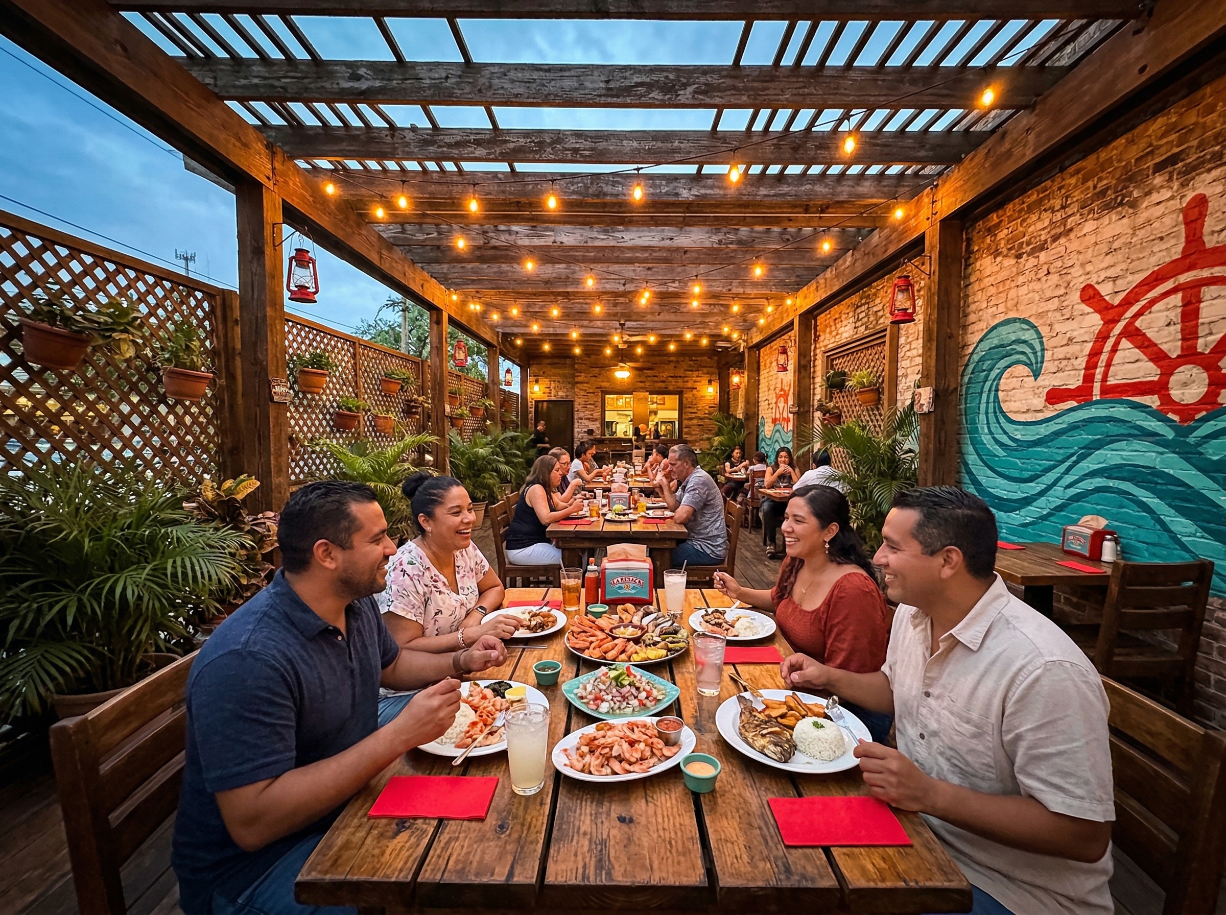 Familia reunida en la terraza de La Resaca al atardecer