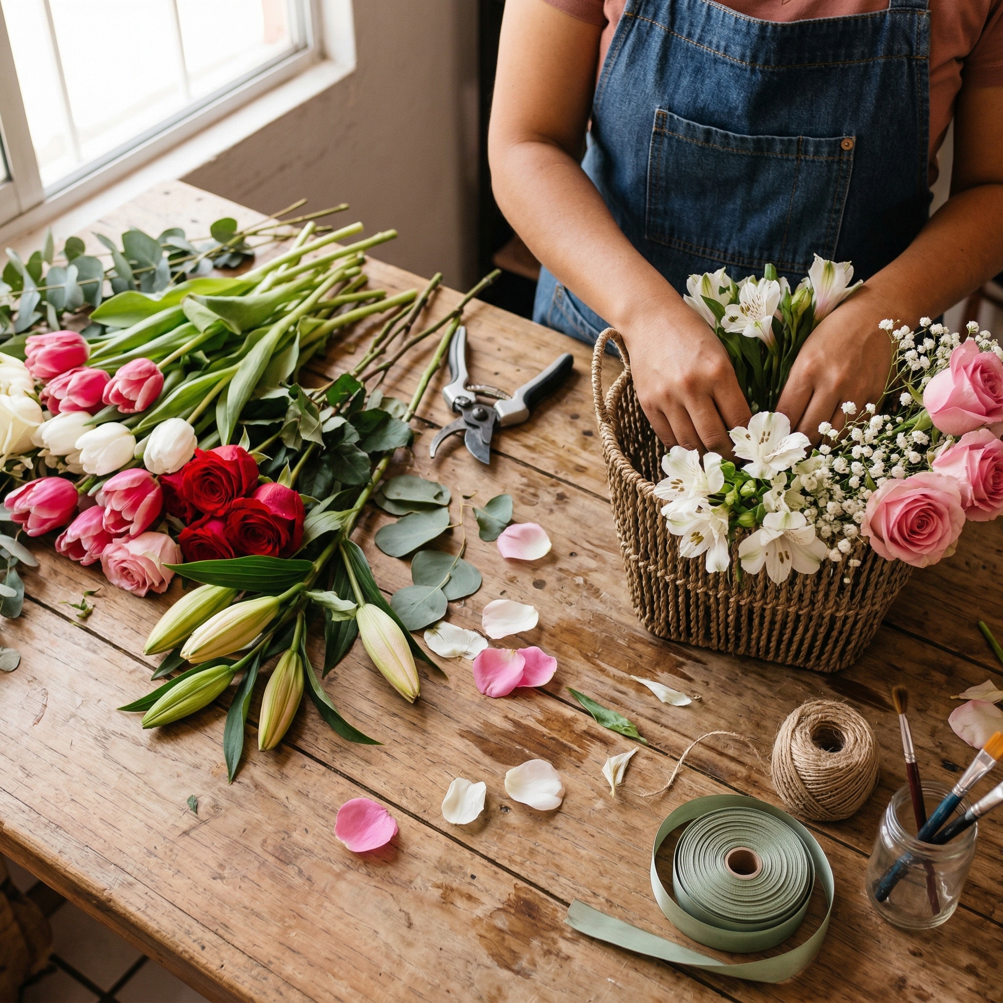 Artesana de Fiore Bouquet creando un arreglo floral