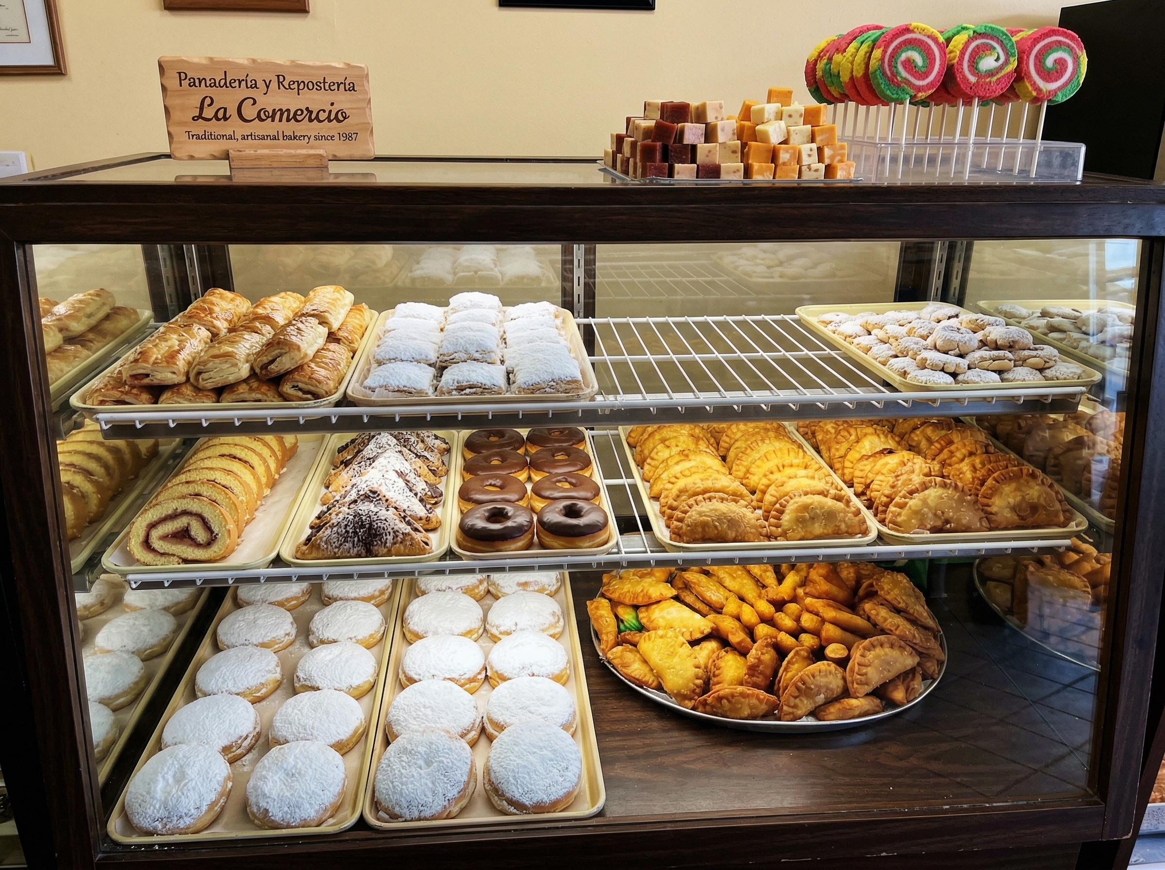 Vitrina de repostería tradicional — quesitos, polvorones y brazo gitano