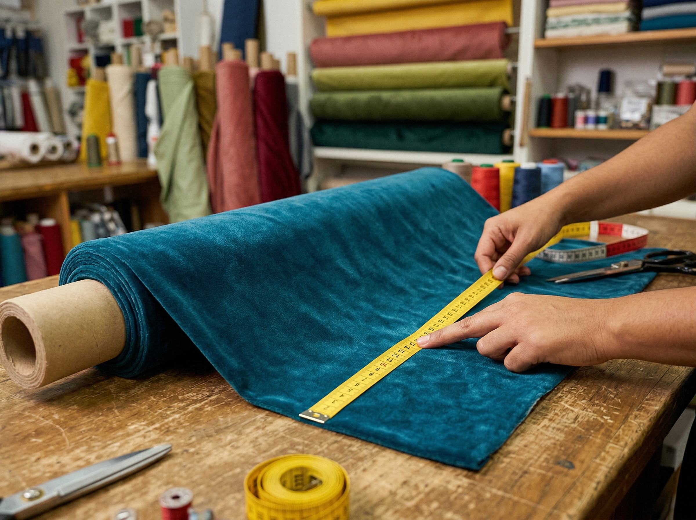 Manos midiendo tela en la tienda