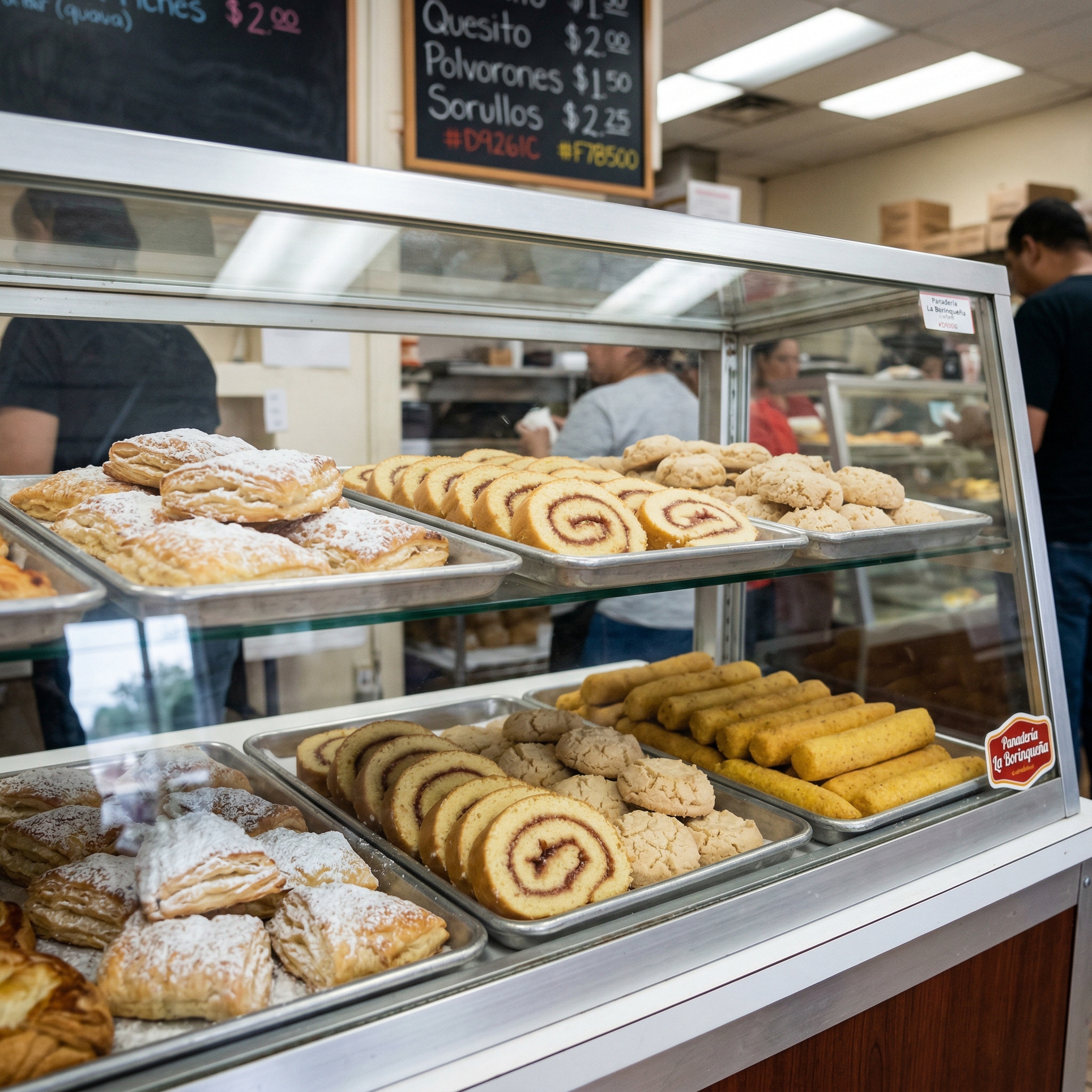 Vitrina con variedad de pasteles y panes de la panadería
