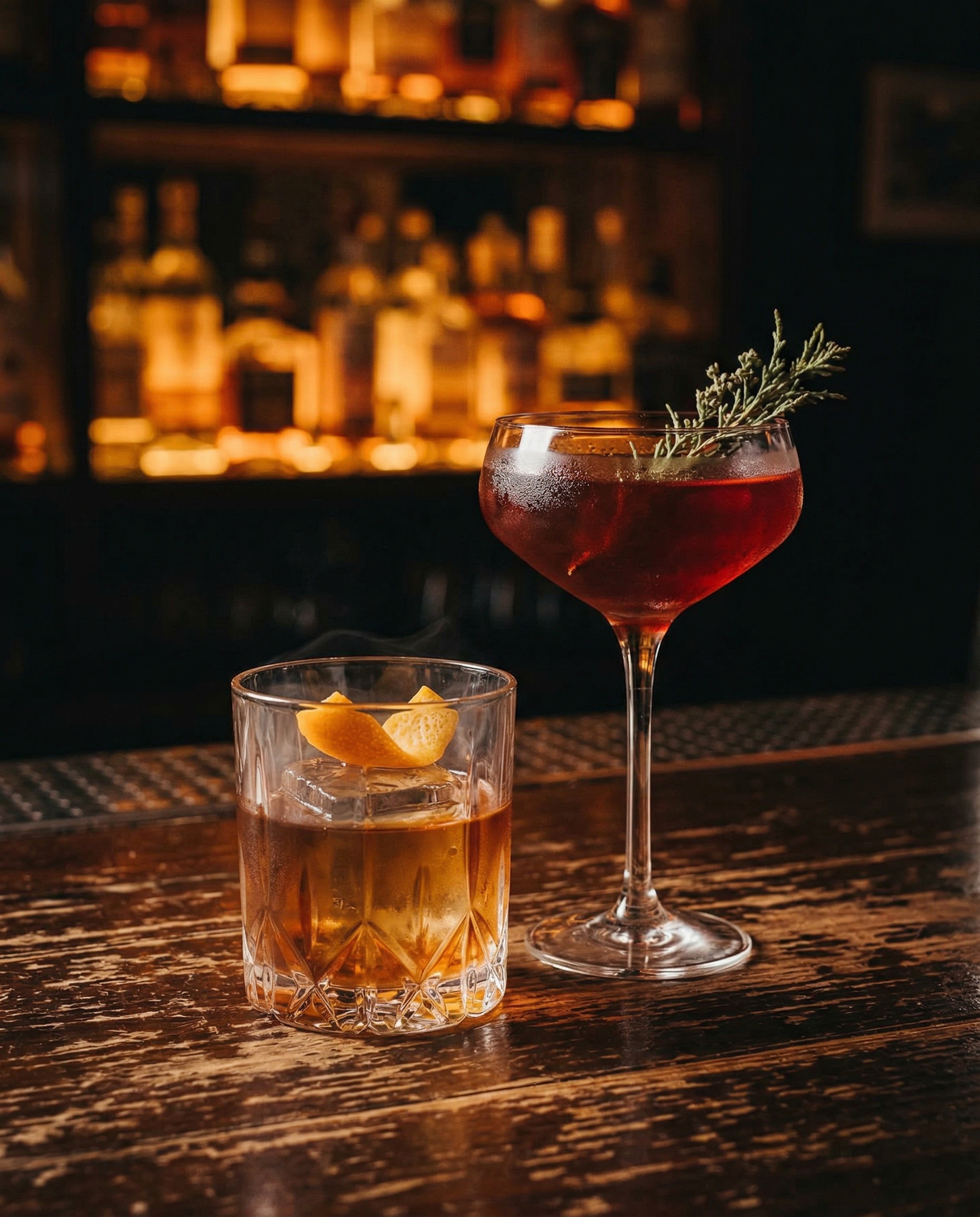 Signature cocktail — amber glass with ice, warm amber lighting