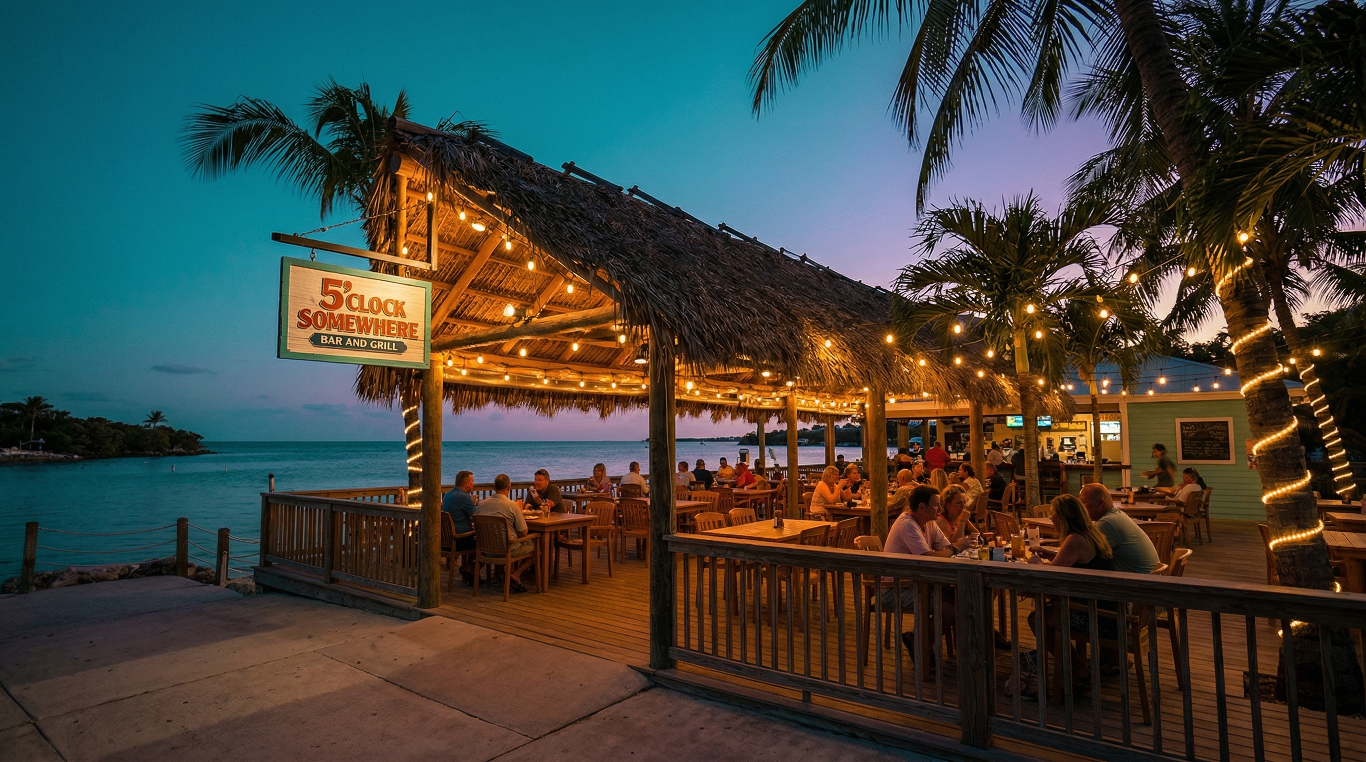 5 o'Clock Somewhere Bar at twilight — open air waterfront atmosphere
