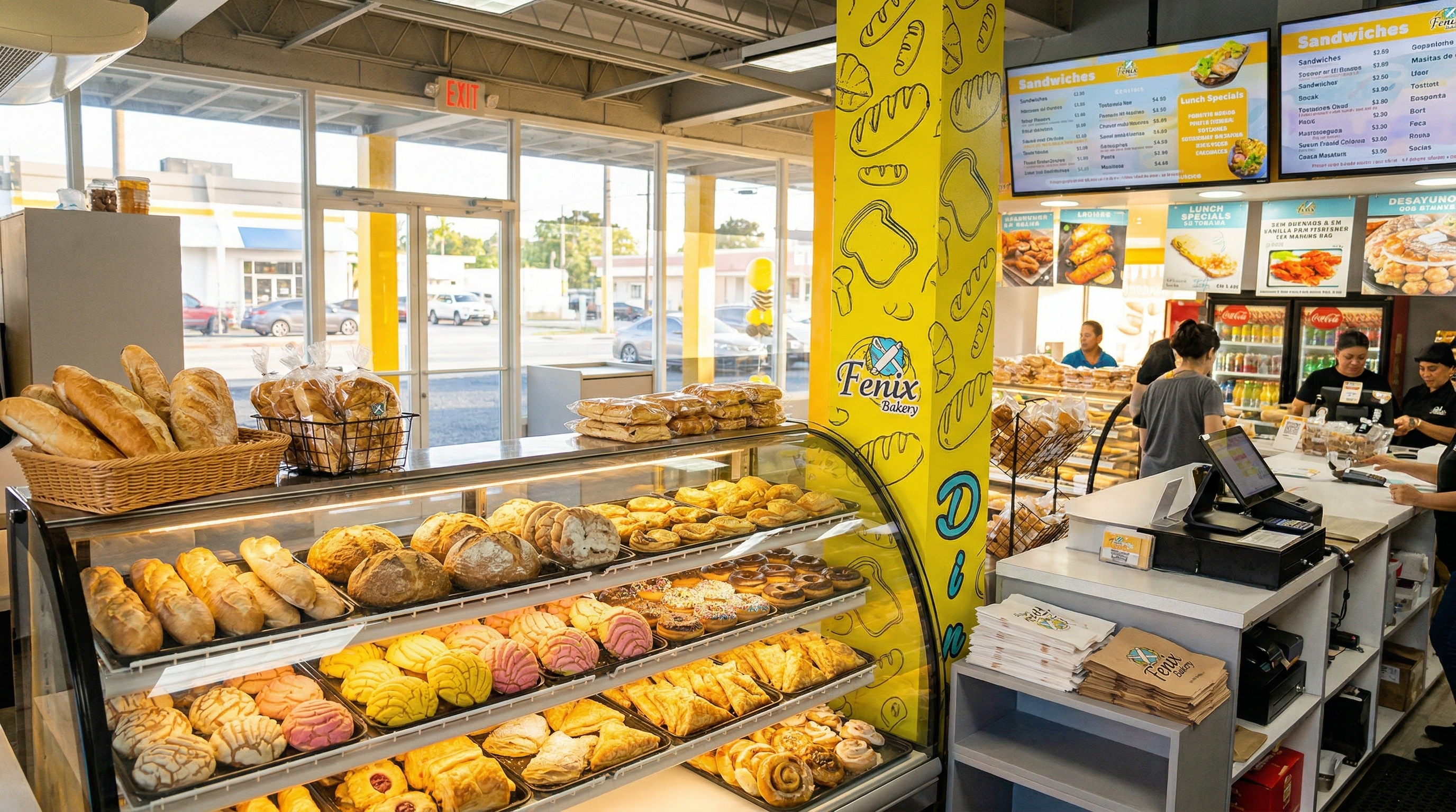 Exhibición abundante de panes y pasteles frescos en Fenix Bakery