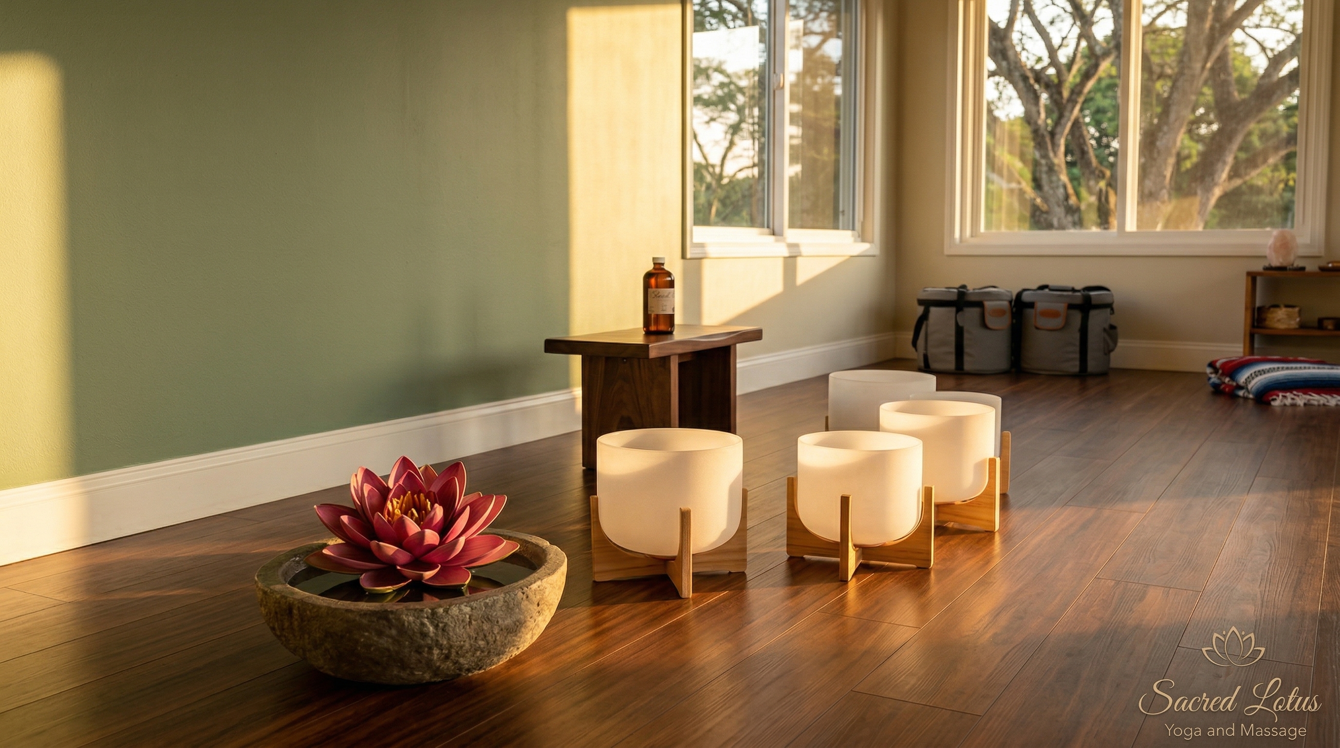Sacred Lotus Yoga Studio interior bathed in golden light