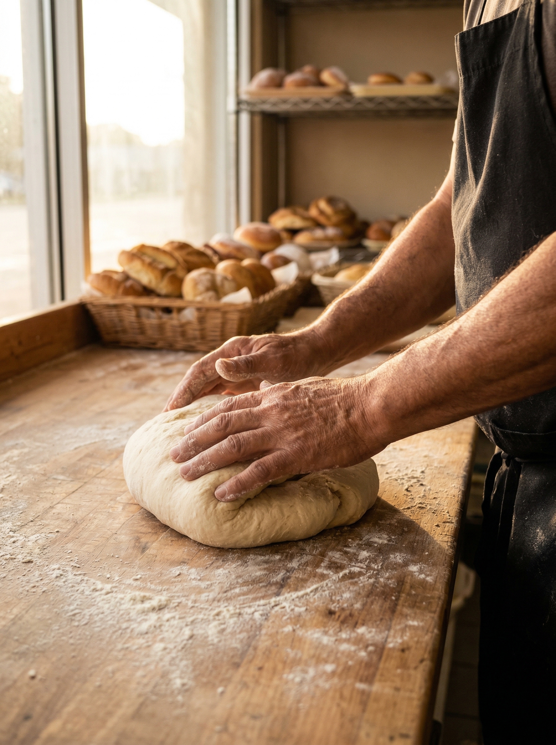 Manos del panadero trabajando la masa artesanal en La Comercio