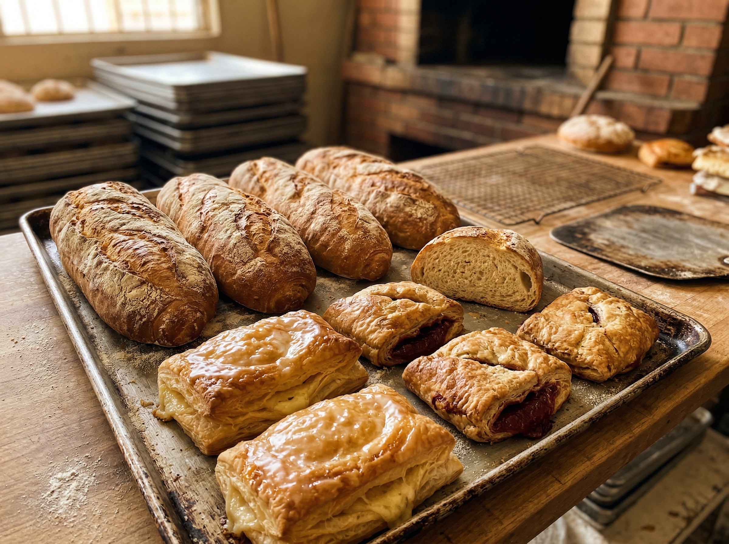 Bandejas de pan criollo recién sacadas del horno en La Asturiana