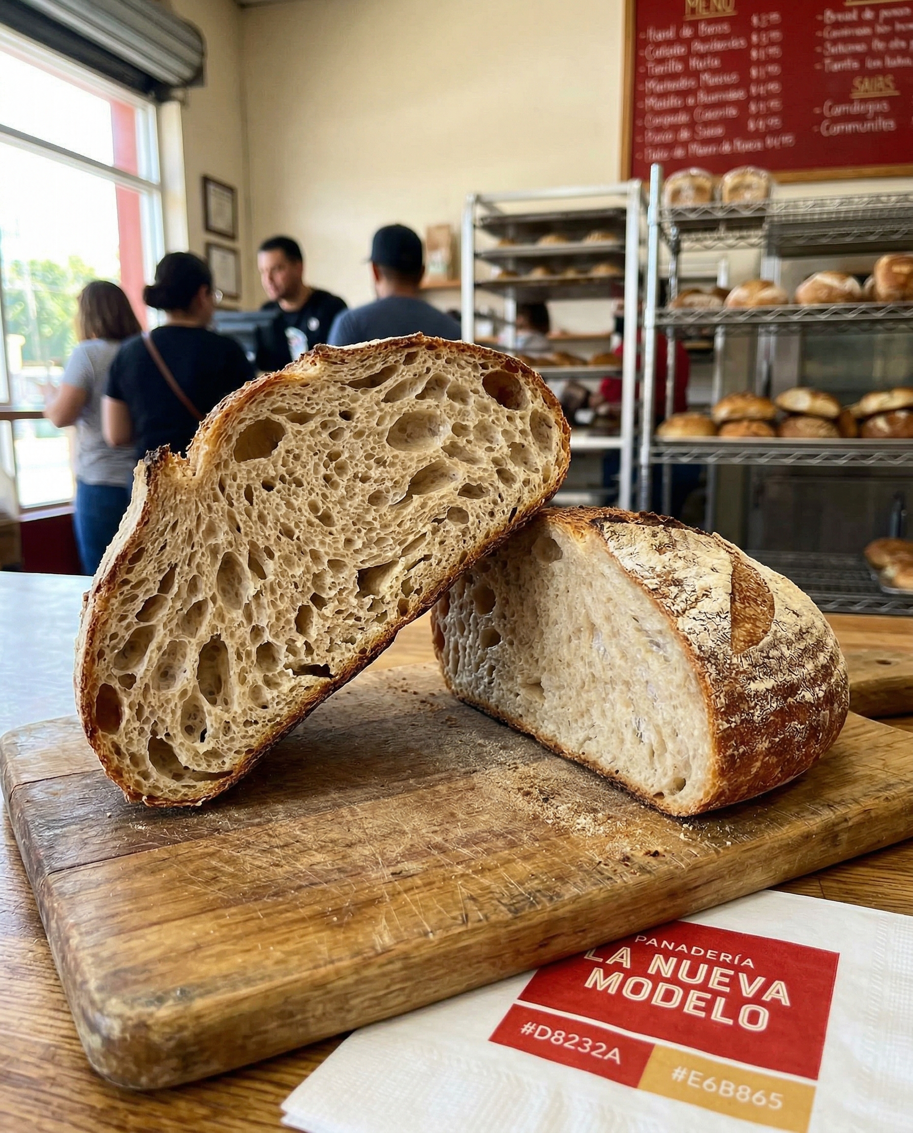 Corte transversal de pan artesanal de masa madre — miga abierta y corteza dorada
