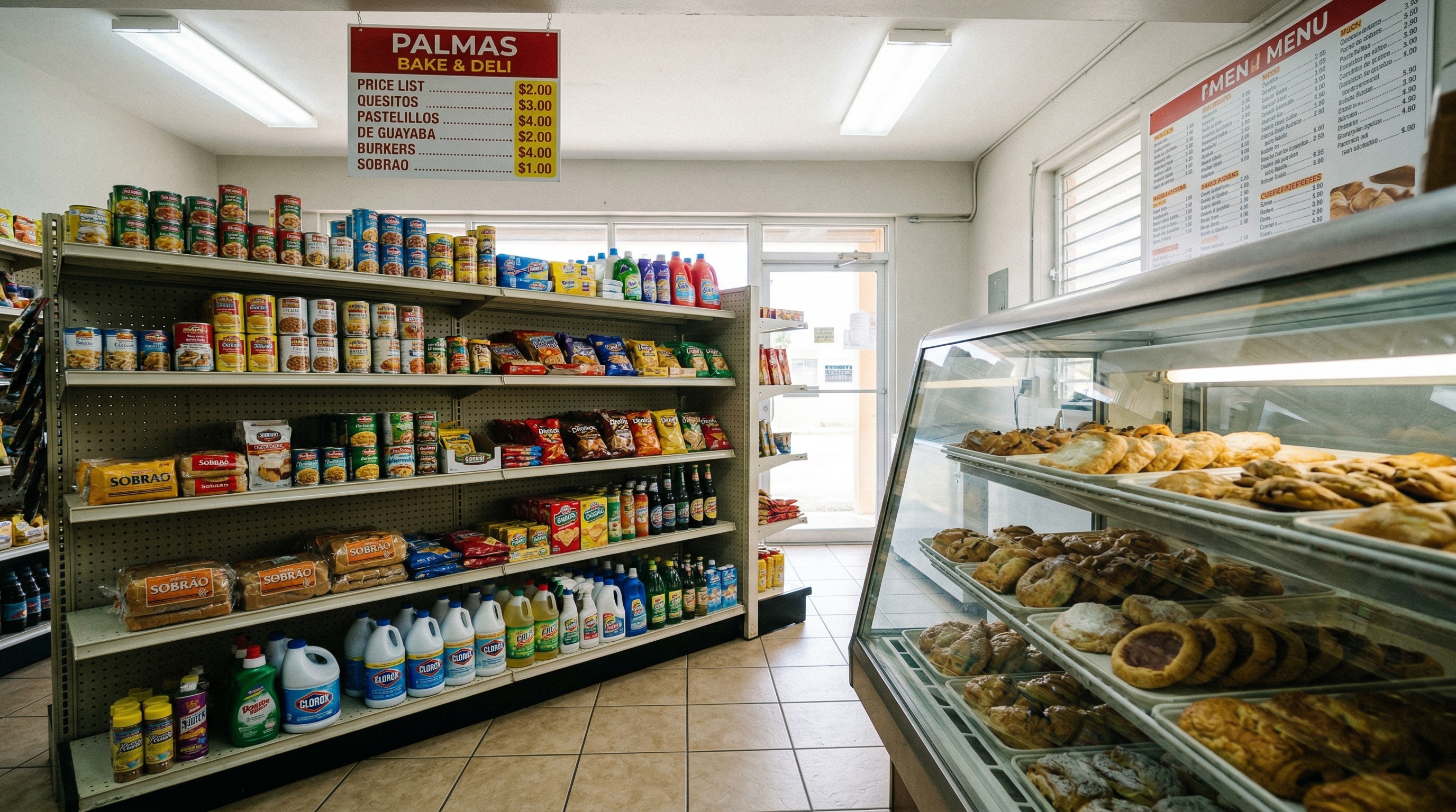 Interior de Palmas Bake & Deli — mostradores llenos de pan fresco