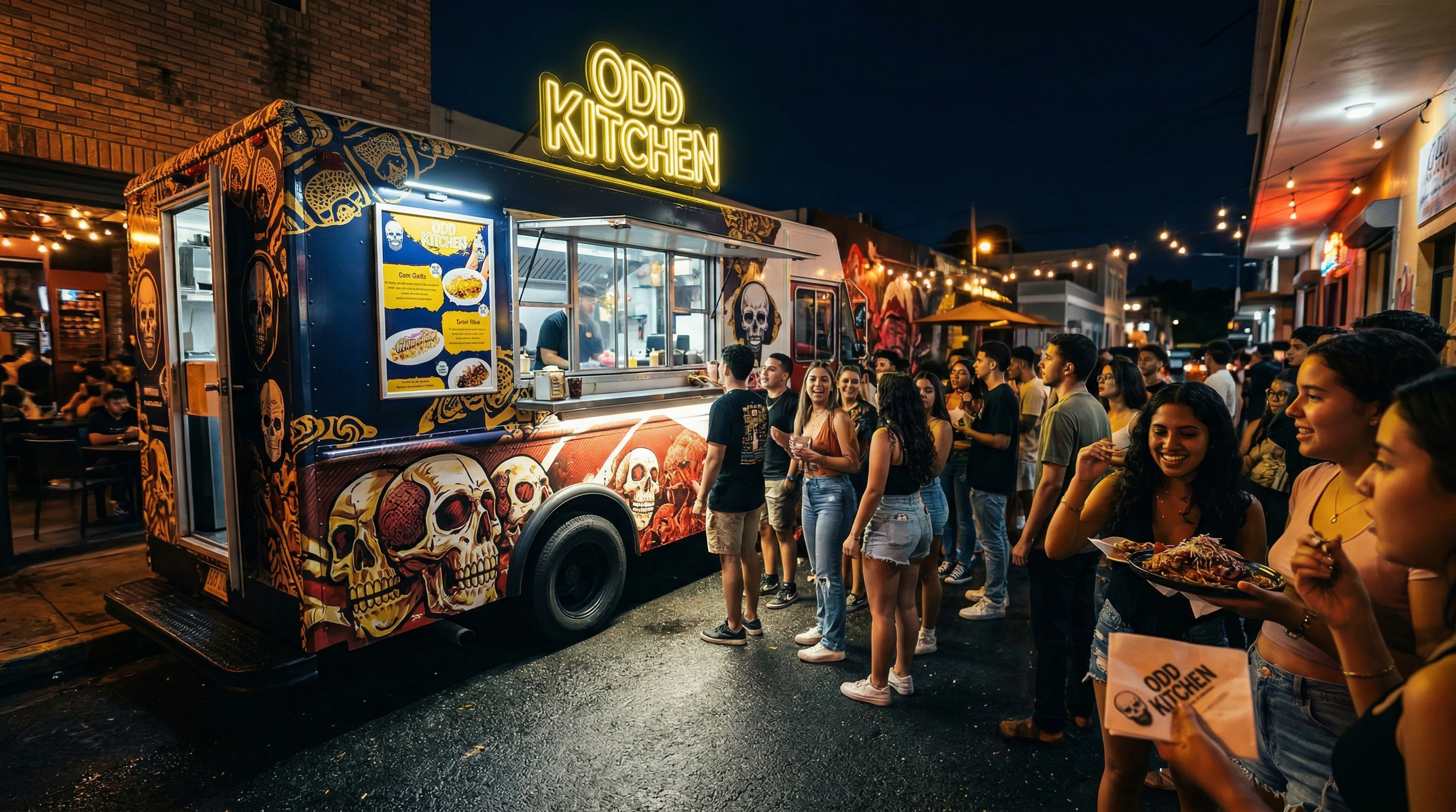 Food truck de ODD Kitchen en la noche — ambiente vibrante de Puerto Rico