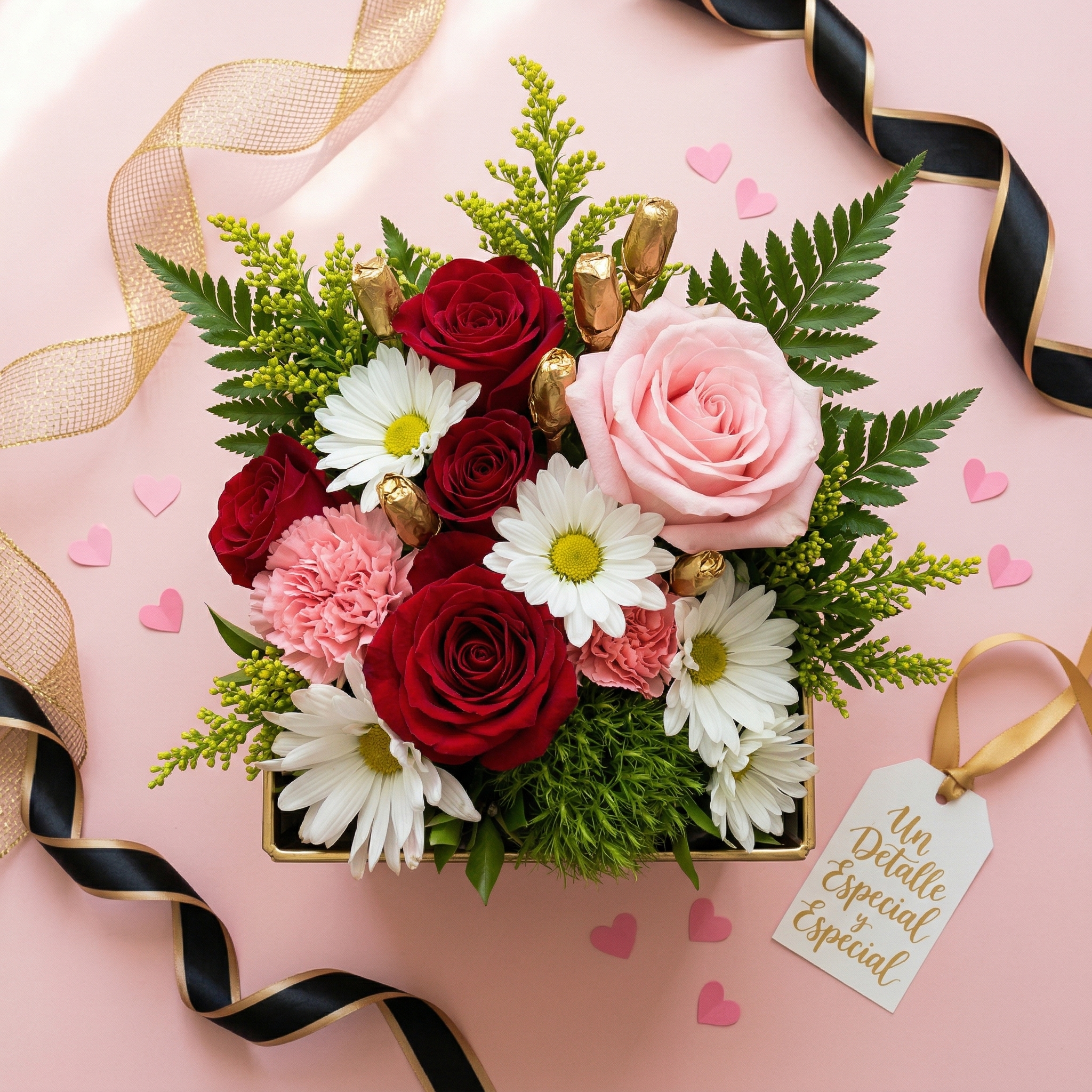 Arreglo floral flat lay - Cajita de Sorpresas