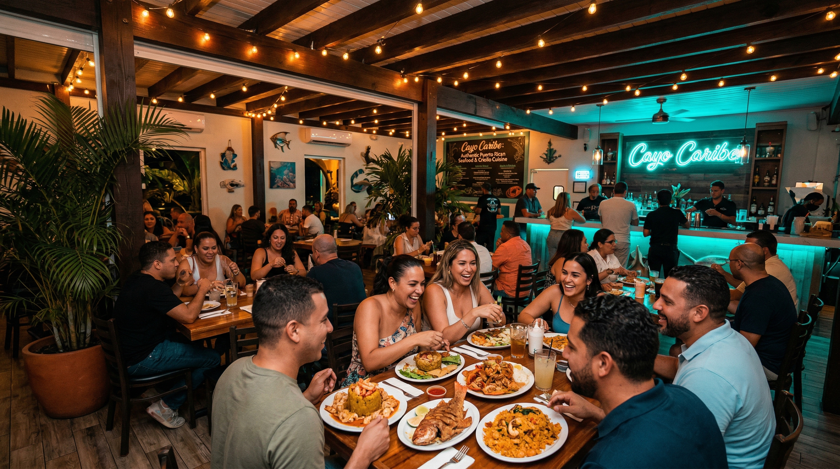 Interior vibrante del restaurante Cayo Caribe