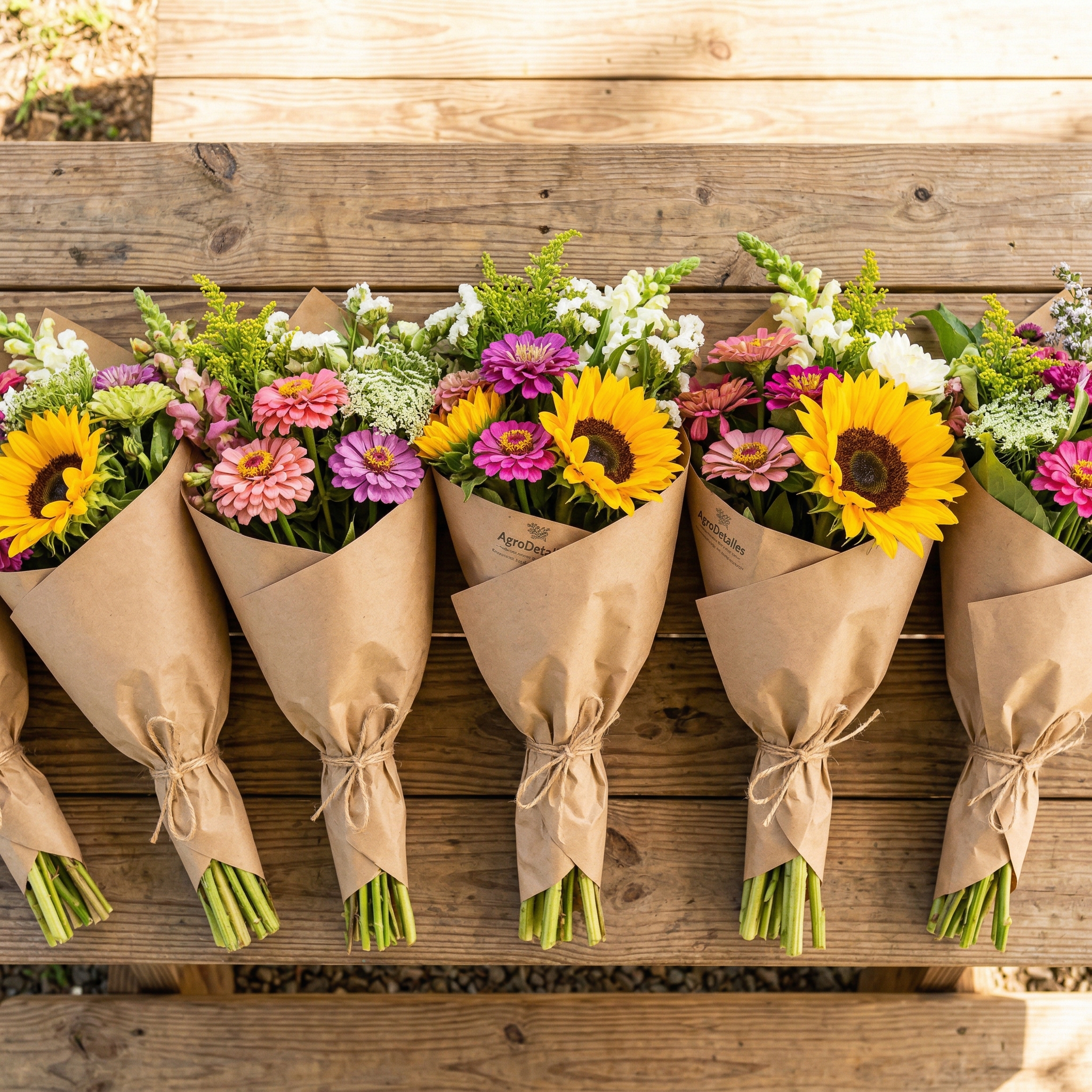 Línea de bouquets frescos envueltos en papel kraft