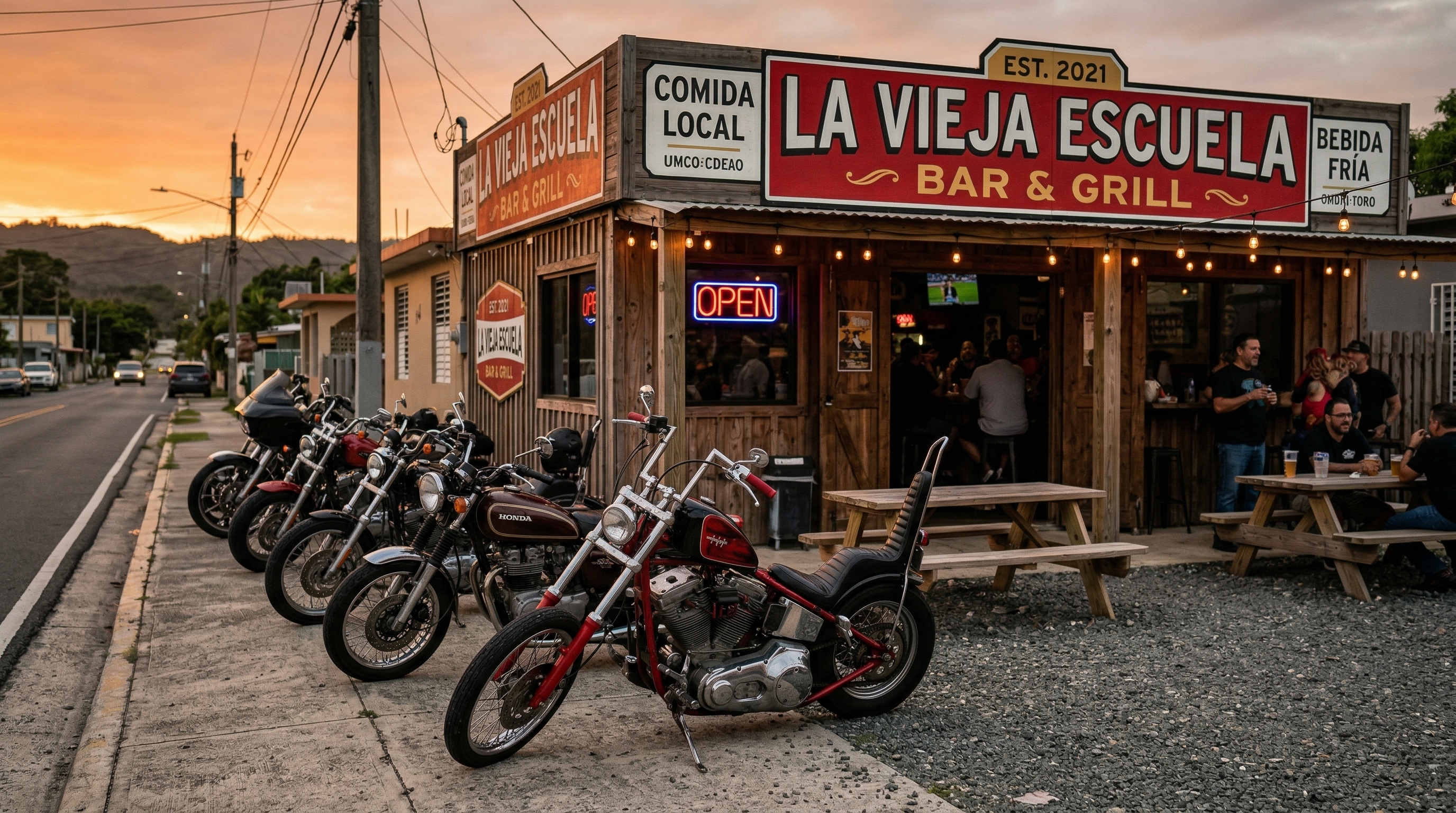 Motos afuera de La Vieja Escuela