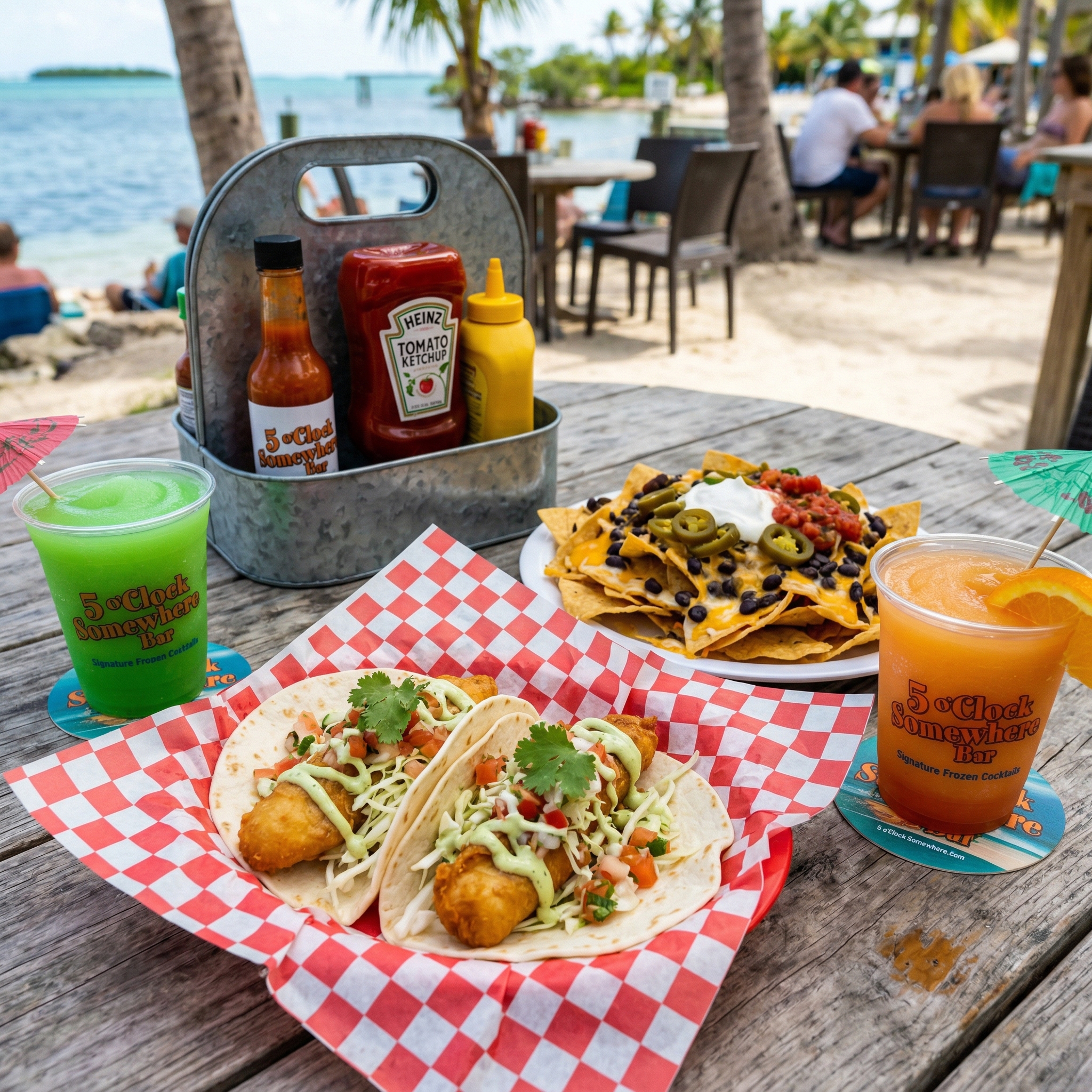 Bar food overhead spread — nachos, tacos, and tropical bites