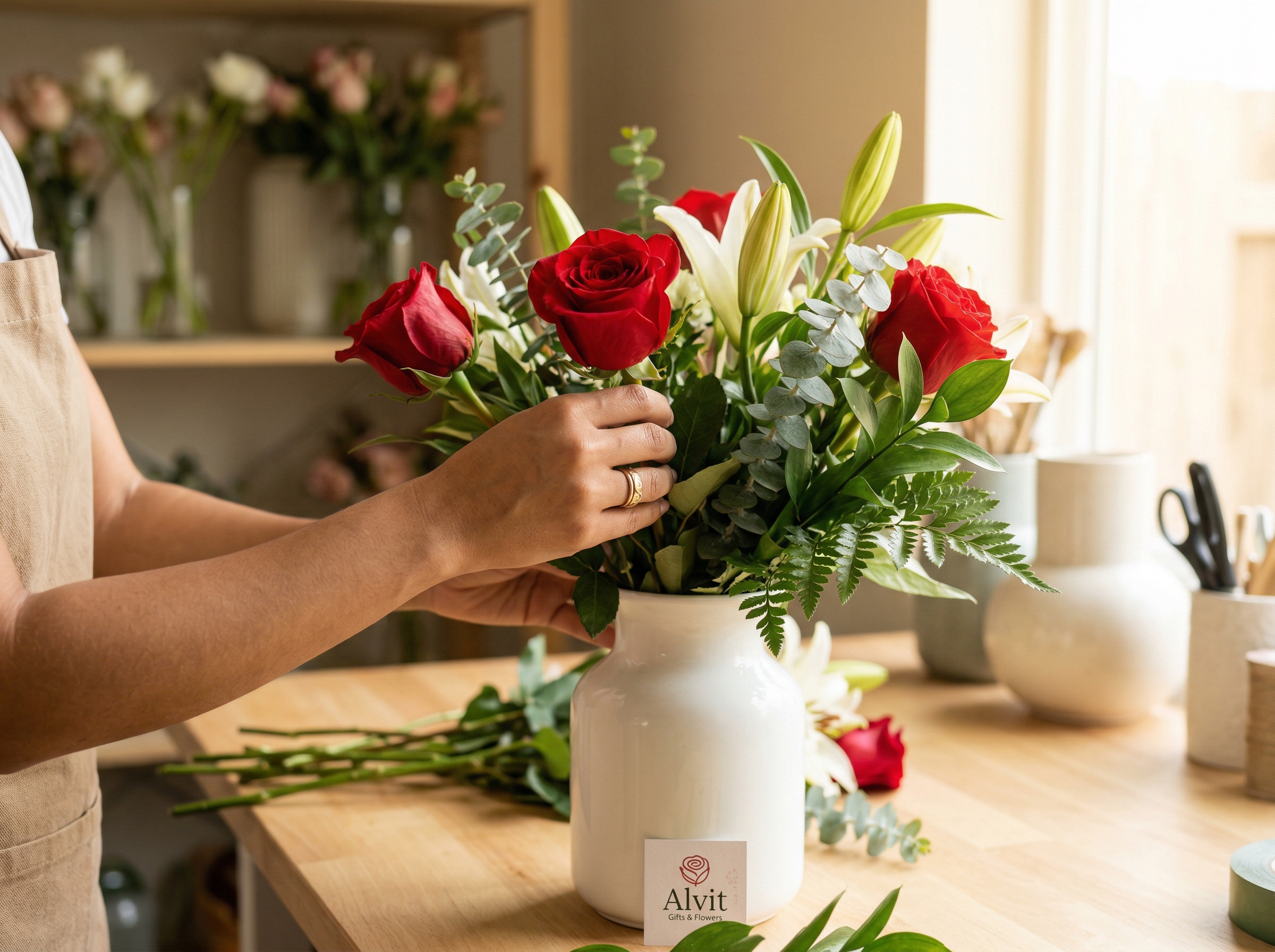 Manos artesanas creando un arreglo floral en Alvit Gifts and Flowers